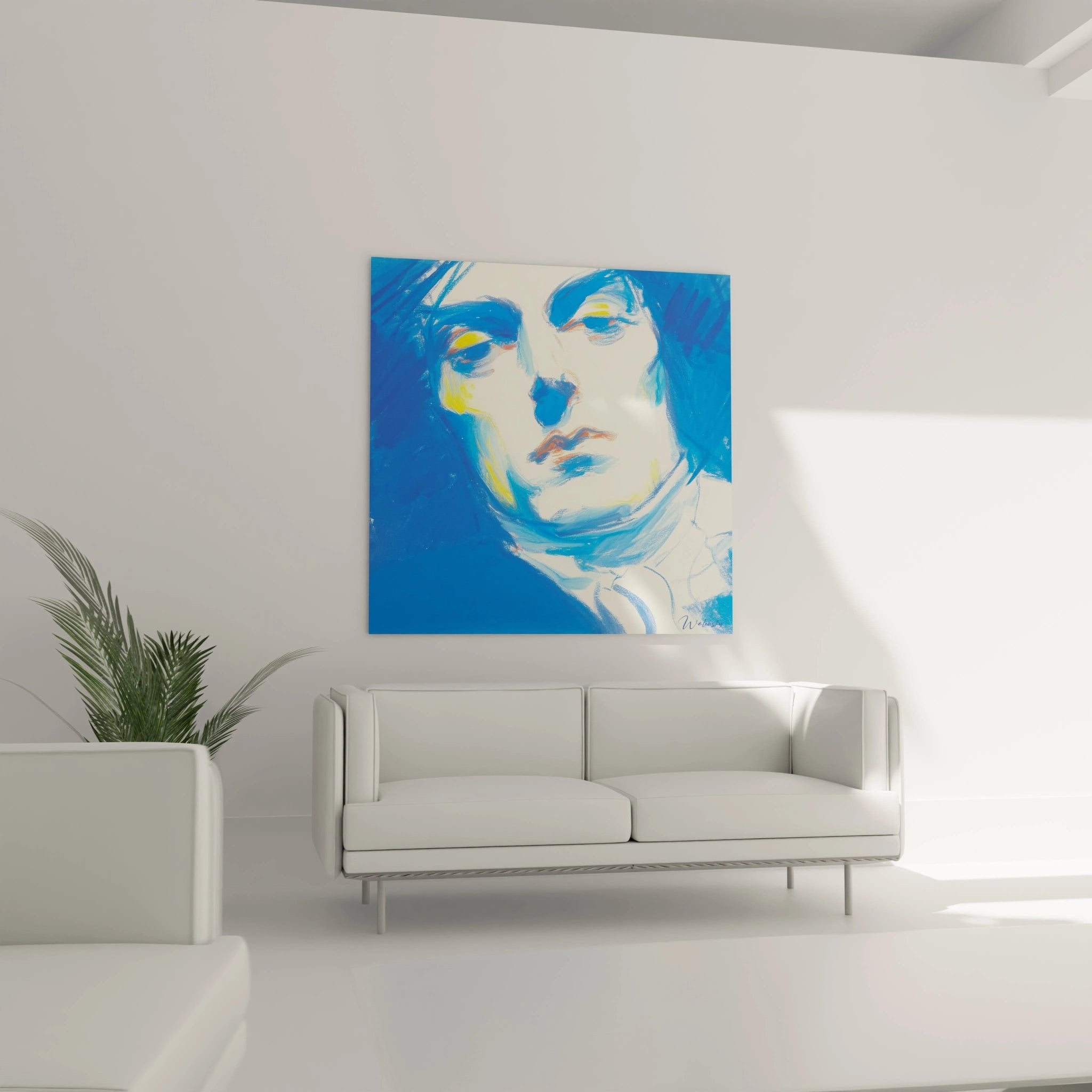 Nahaufnahme des königlichen Portraits zeigt kunstvolle Details in blau-gelber Farbpalette mit edlen Schattierungen