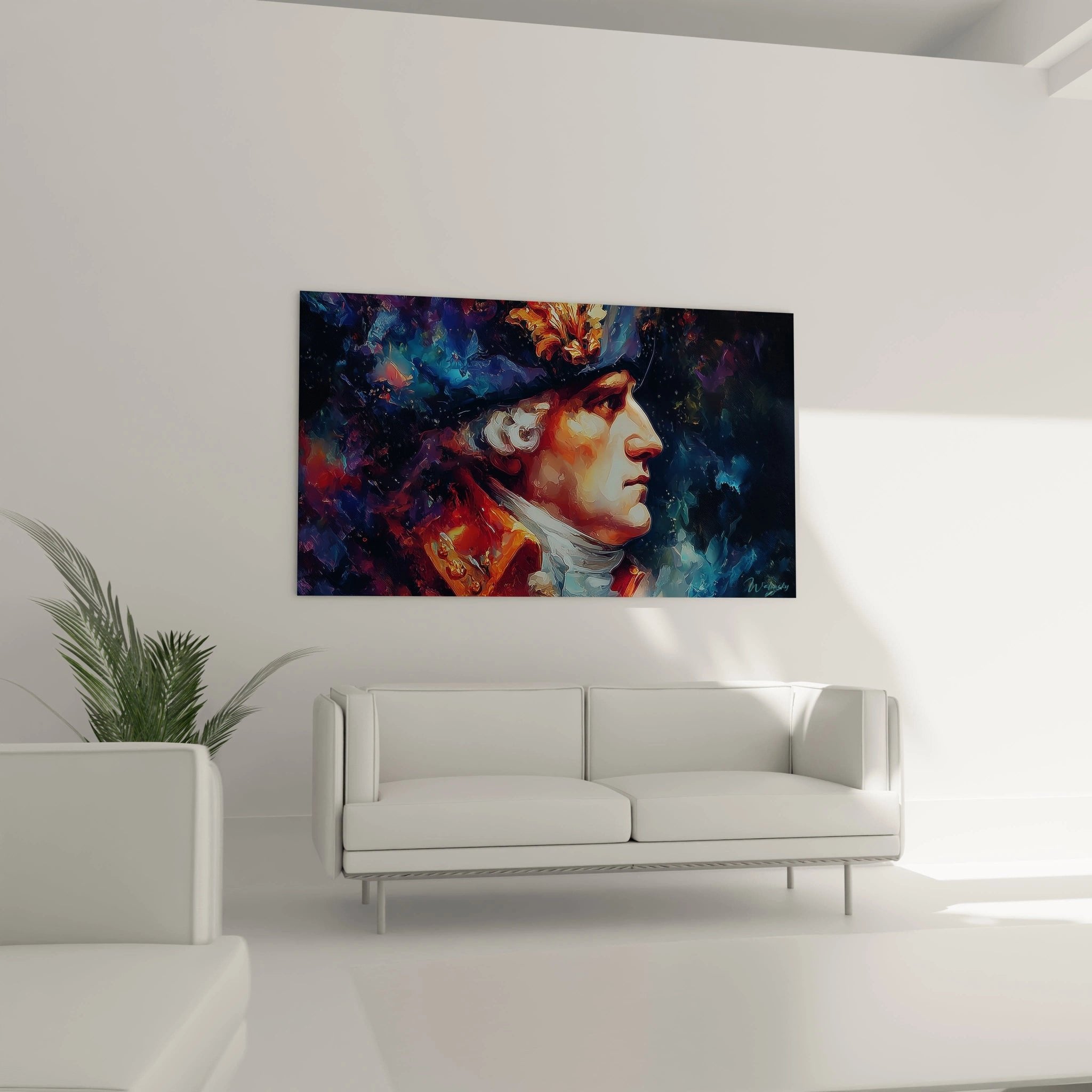 Nahaufnahme des abstrakten Porträts mit leuchtenden Farbverläufen und expressiven Pinselstrichen