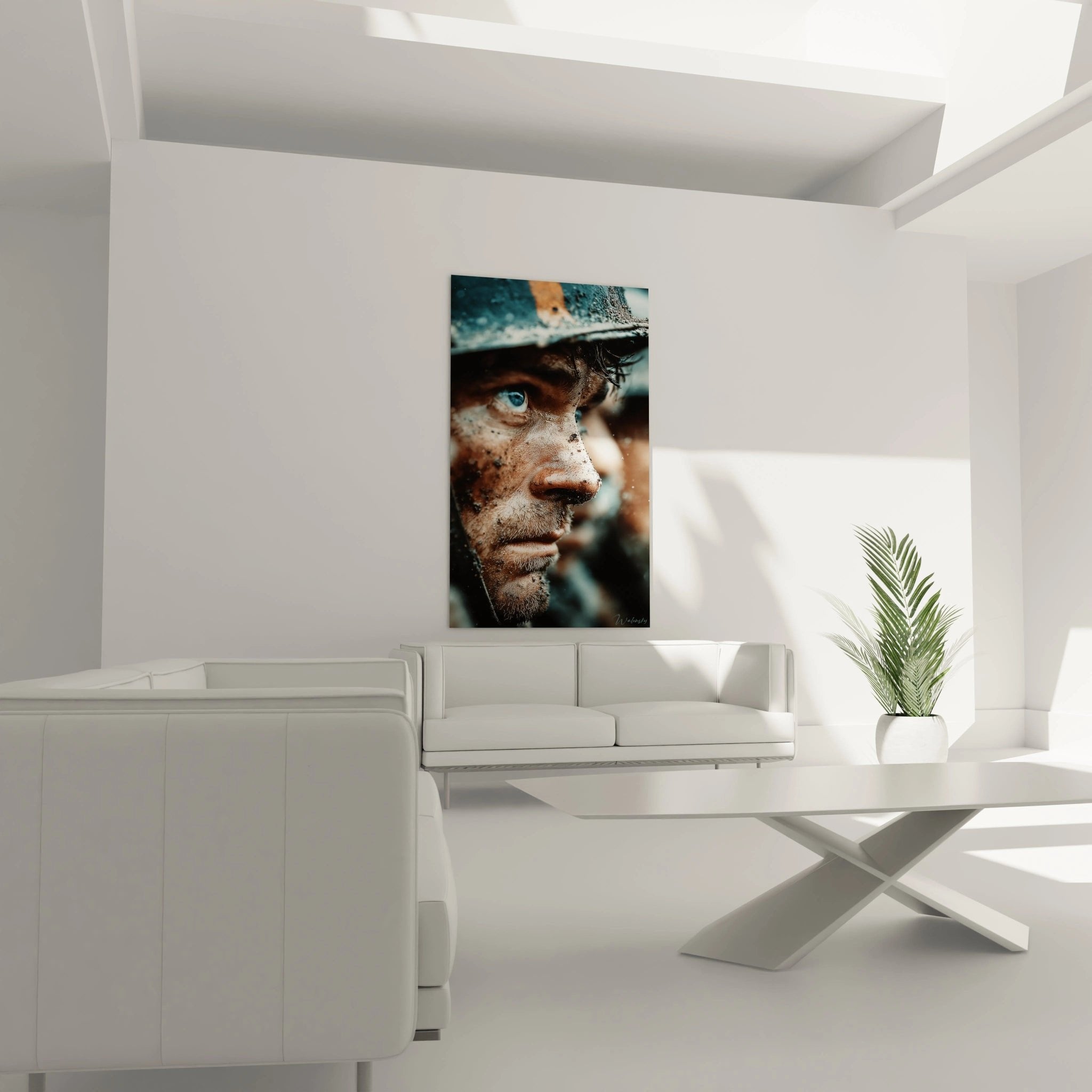 Nahaufnahme des Soldatenporträts mit intensiven blauen Augen - Detail des Wandbildes Erster Weltkrieg