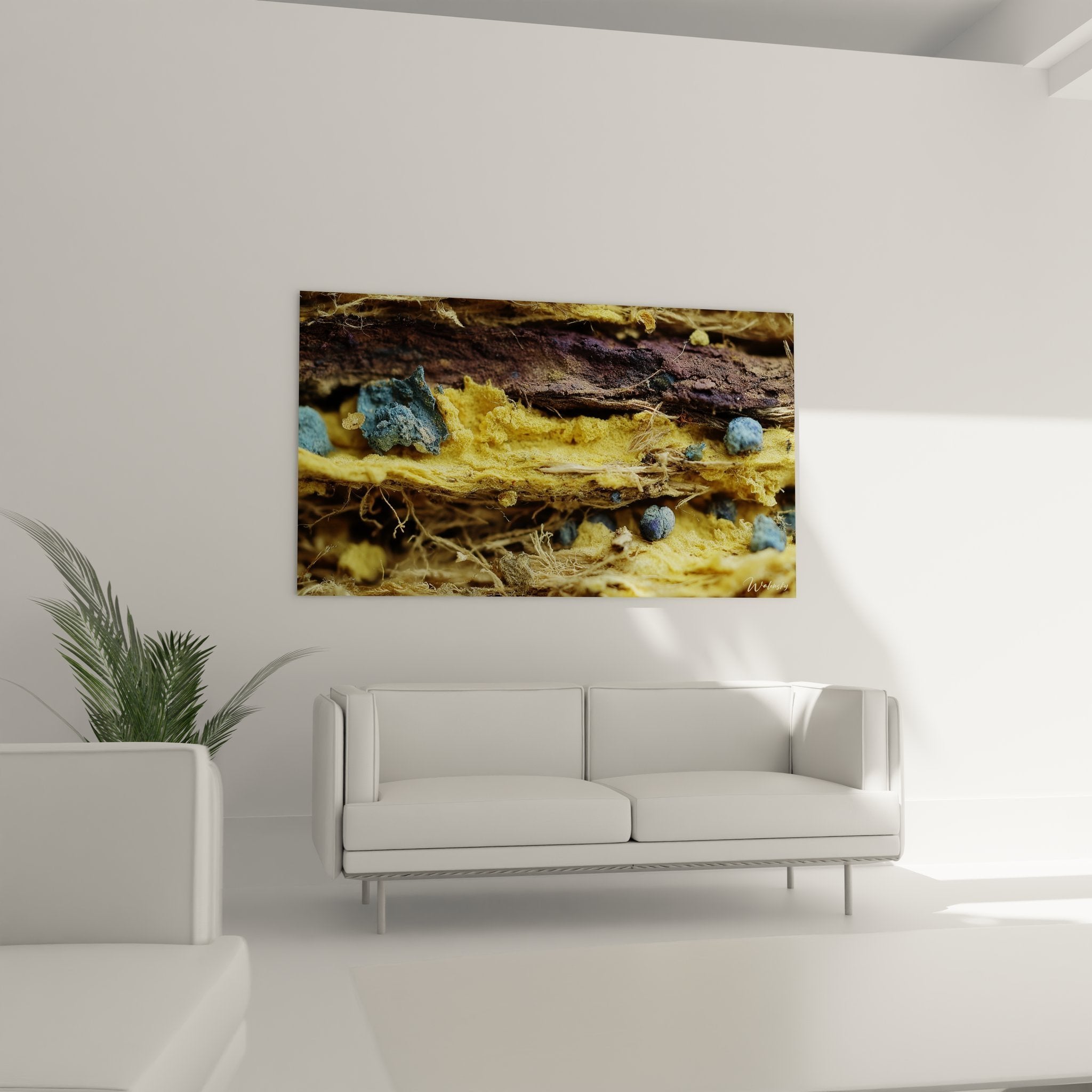 Detailaufnahme der gelben und blauen Mineralformationen mit organischen Texturen