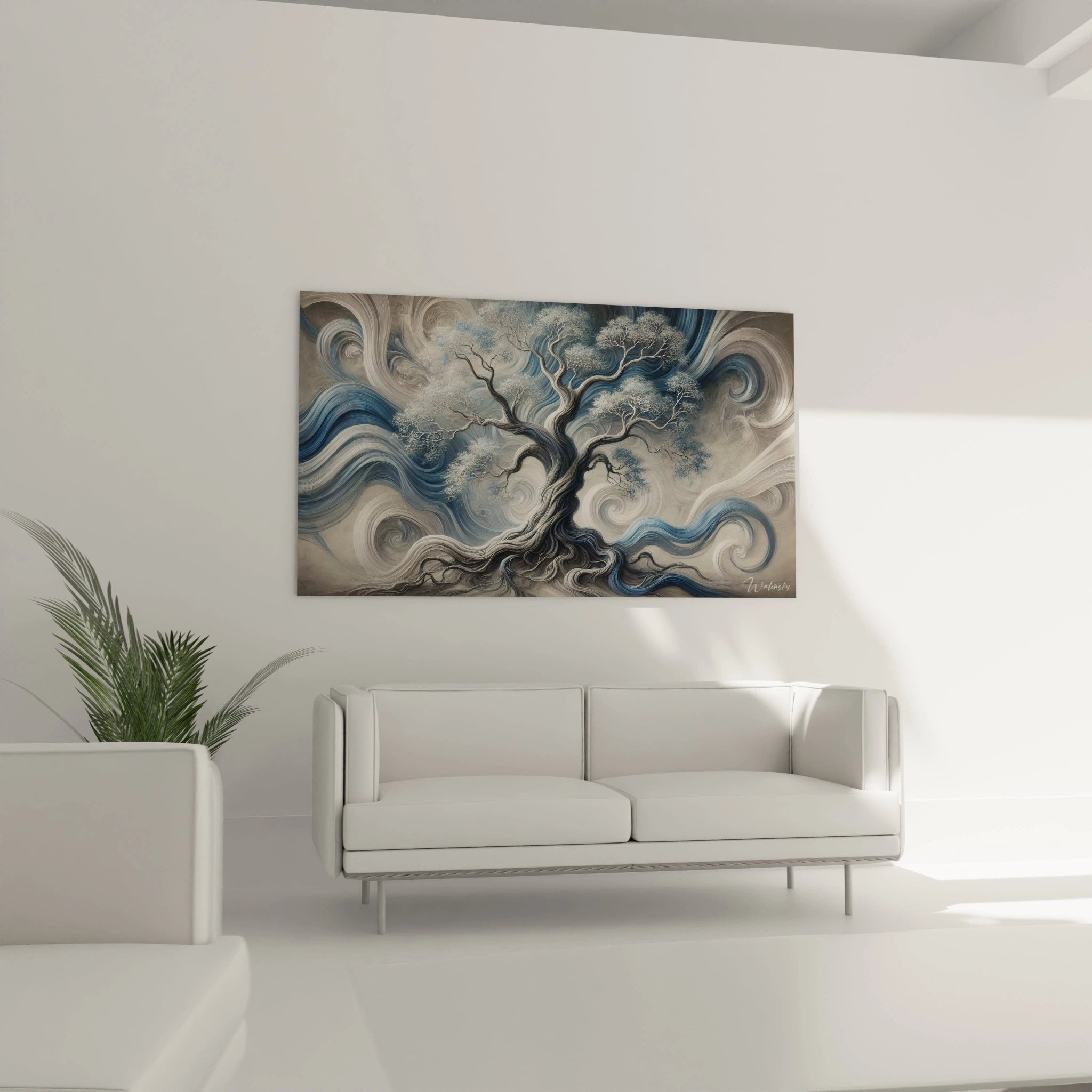 Detailaufnahme der spiralförmigen Windwirbel und Baumäste in harmonischen Blau-Grau-Tönen