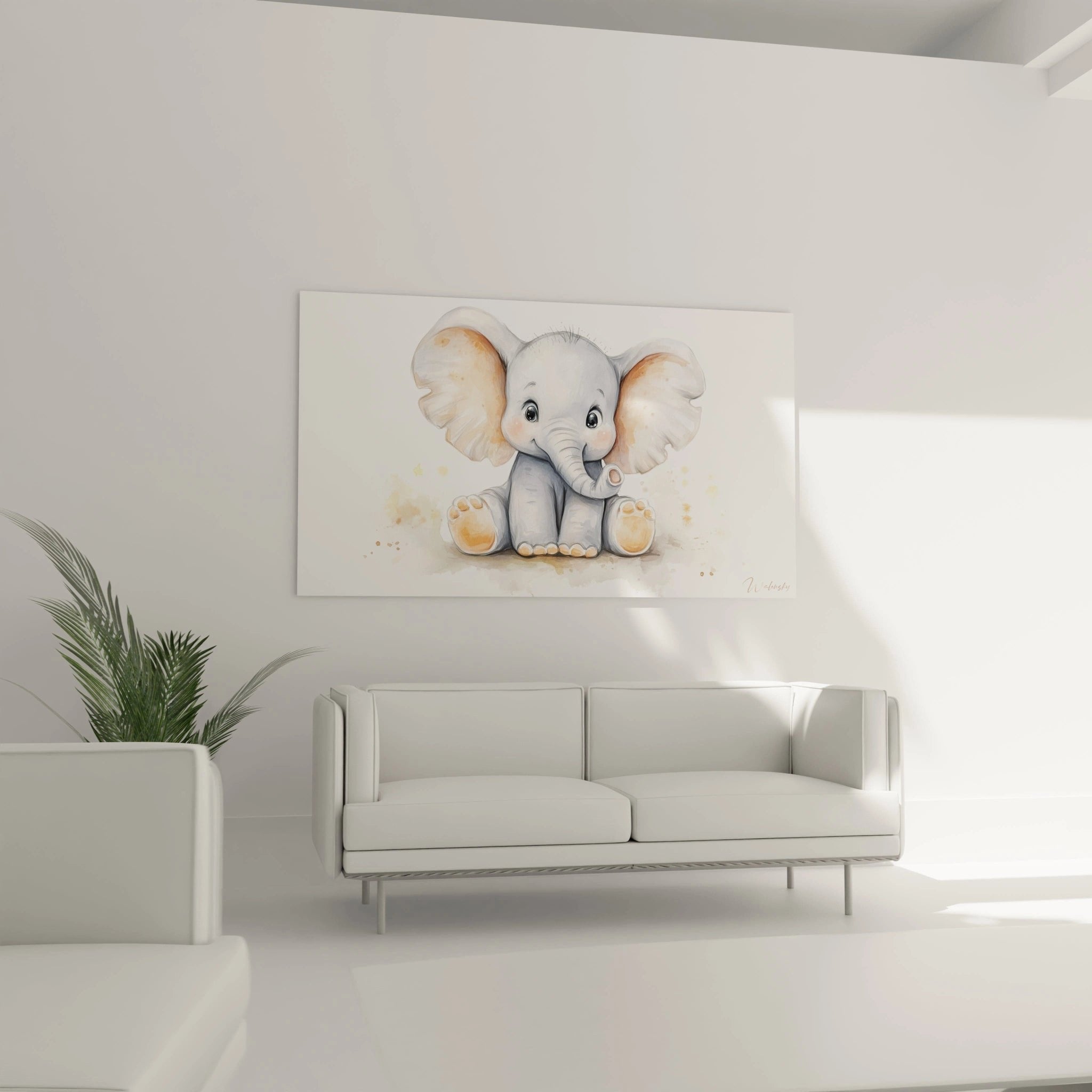 Nahaufnahme des Baby Elefant Aquarell-Wandbildes mit Details der süßen Gesichtszüge und Farbübergänge