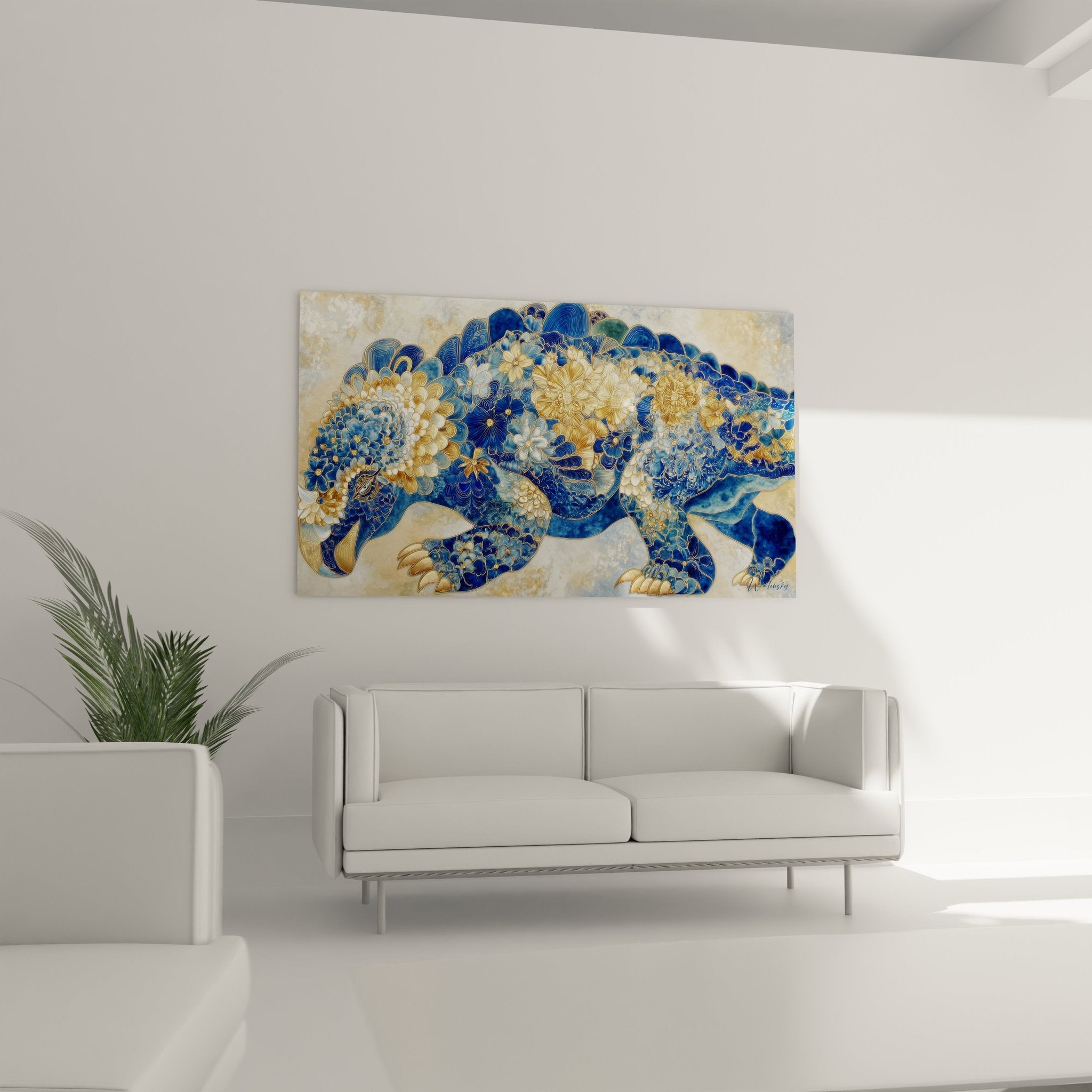 Detailaufnahme der prächtigen blauen und goldenen Blütenornamente auf dem Scutosaurus Panzer