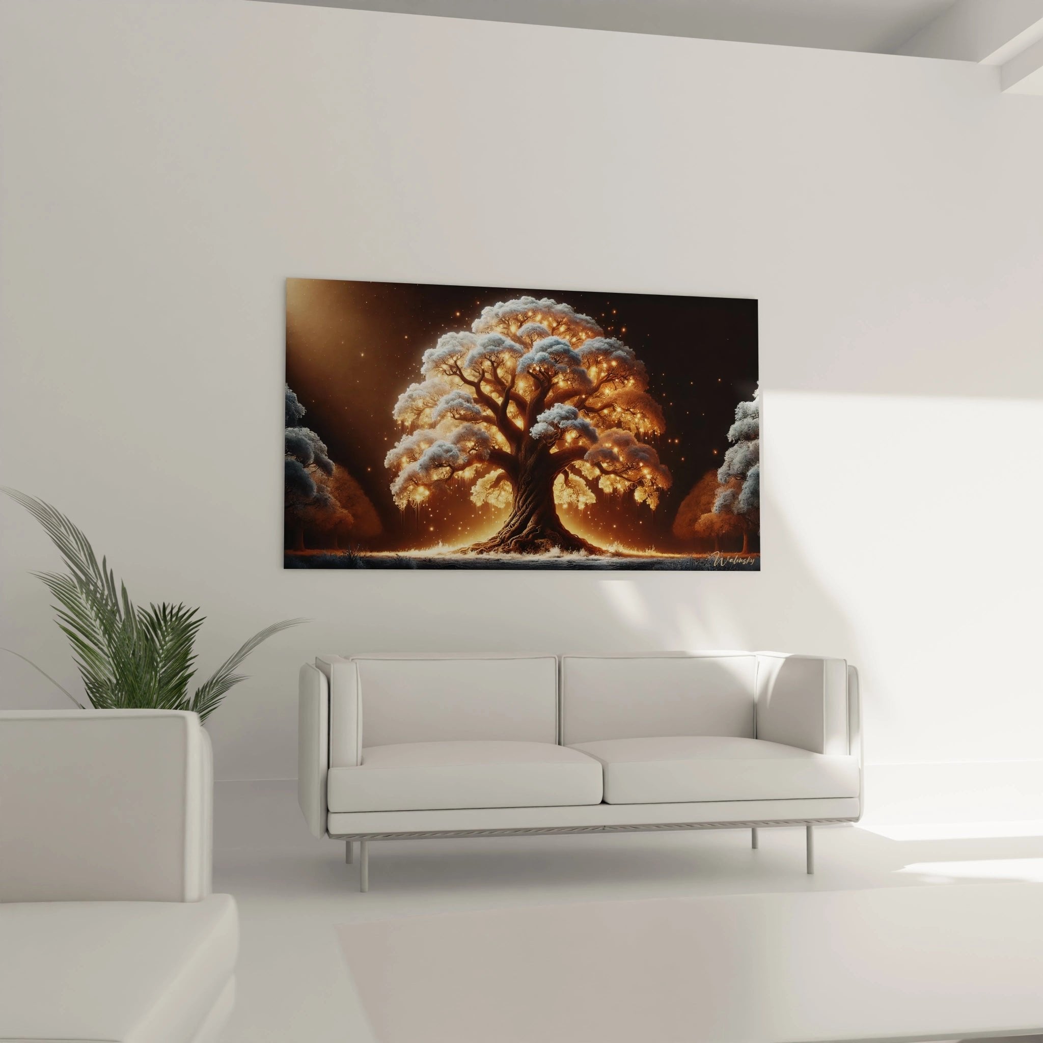 Nahaufnahme der leuchtenden Äste des magischen Lebensbaums mit funkelnden Lichtpunkten und Details