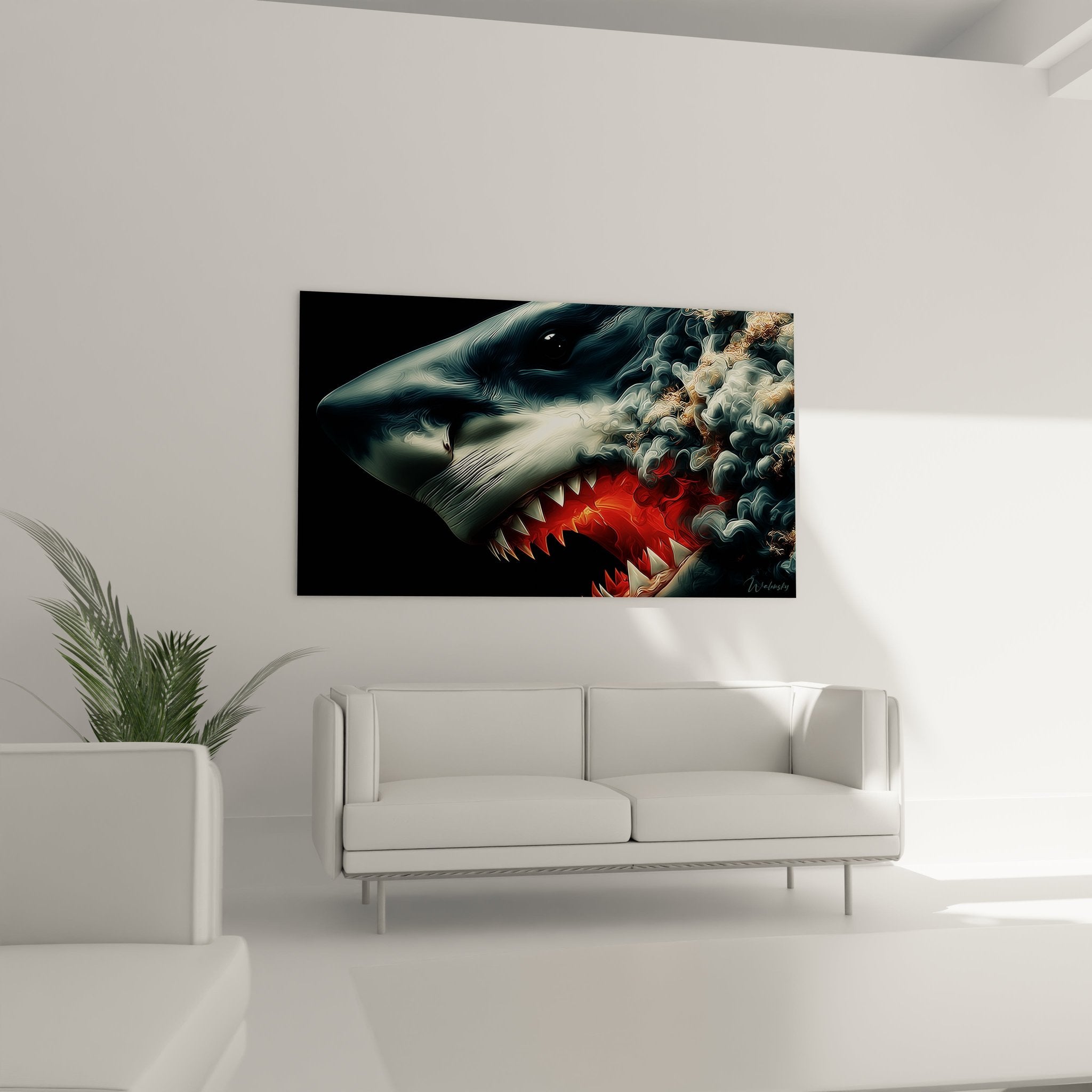 Nahaufnahme Megalodon Kunstdruck, detailreiche Darstellung der leuchtend roten Zähne und mystischen Raucheffekte
