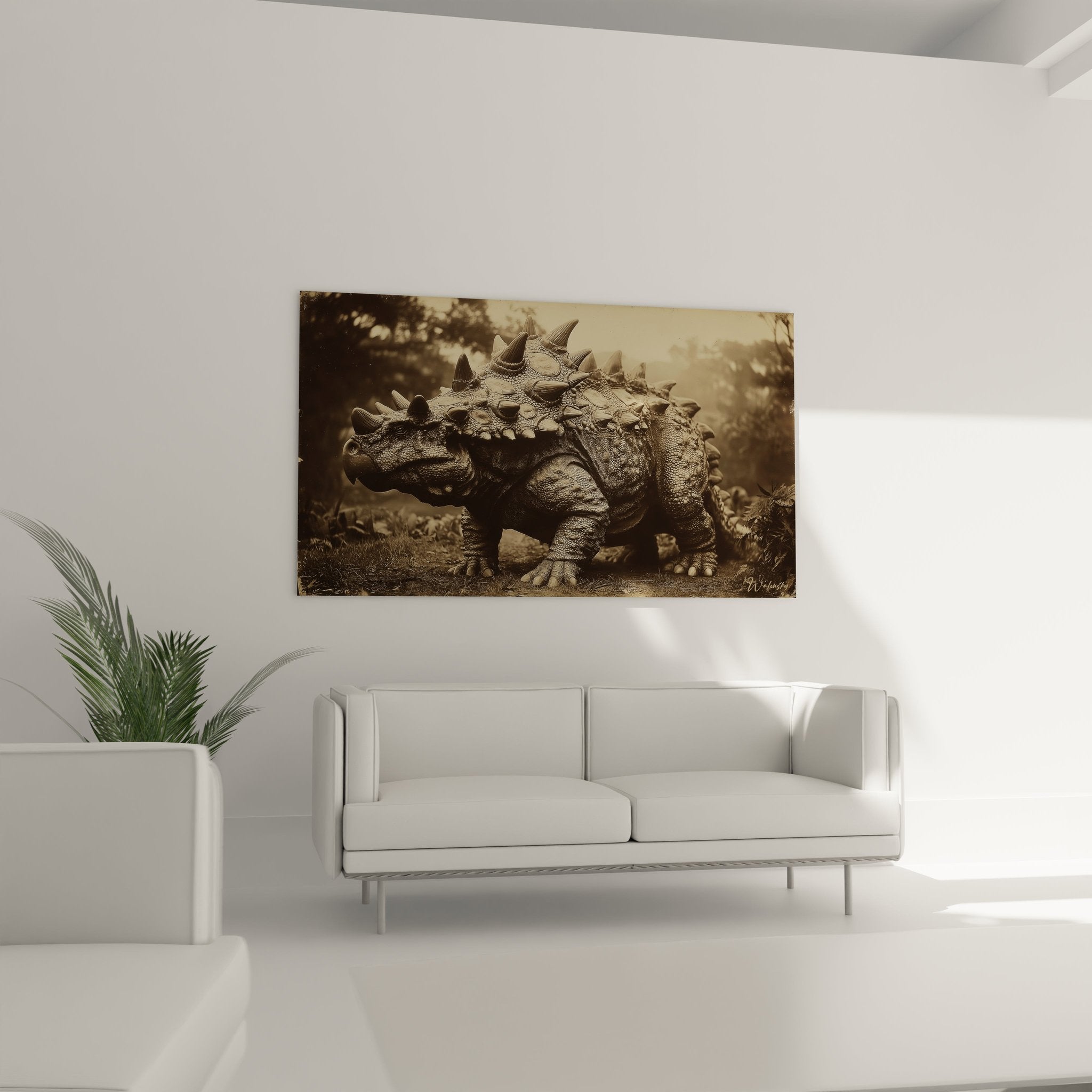 Nahaufnahme des Scutosaurus Wandbildes zeigt detaillierte Panzerung und Stacheln in Sepia-Optik