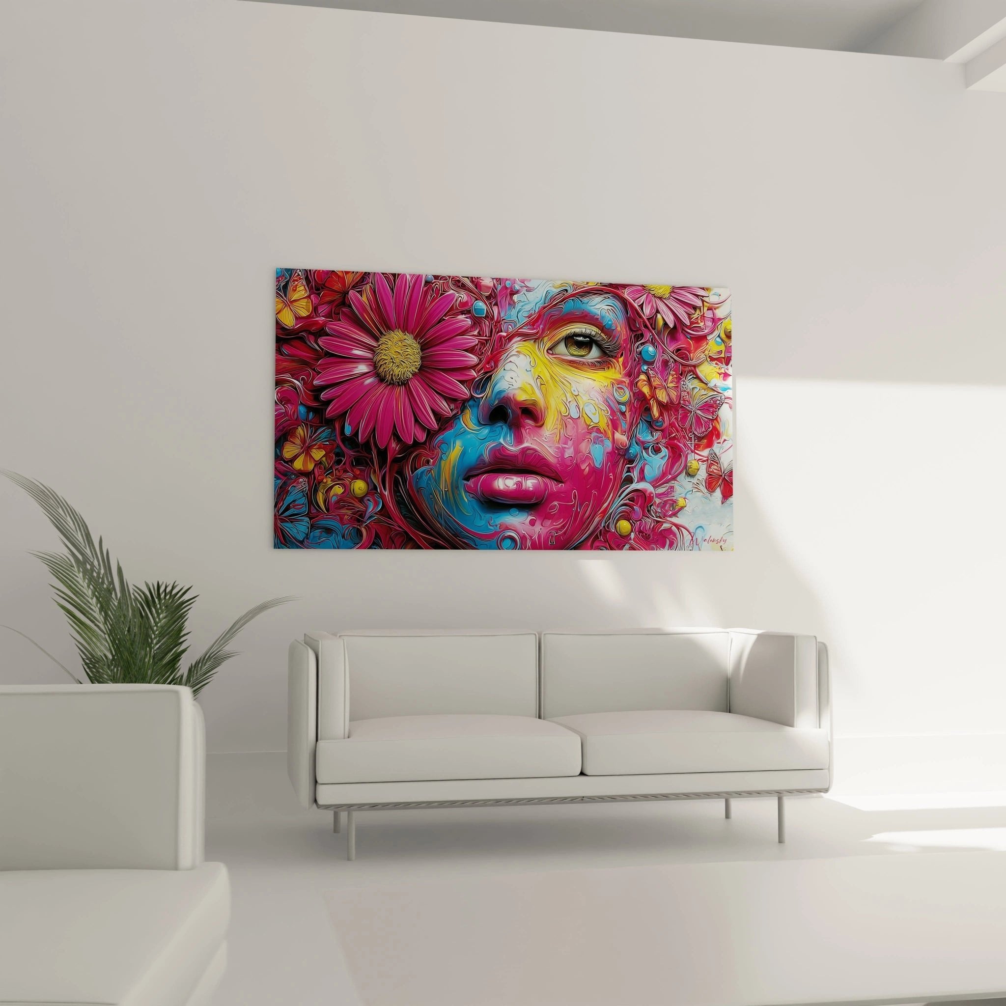 Nahaufnahme des farbenfrohen Frauengesichts mit detaillierten Augen und fließenden Farbübergängen