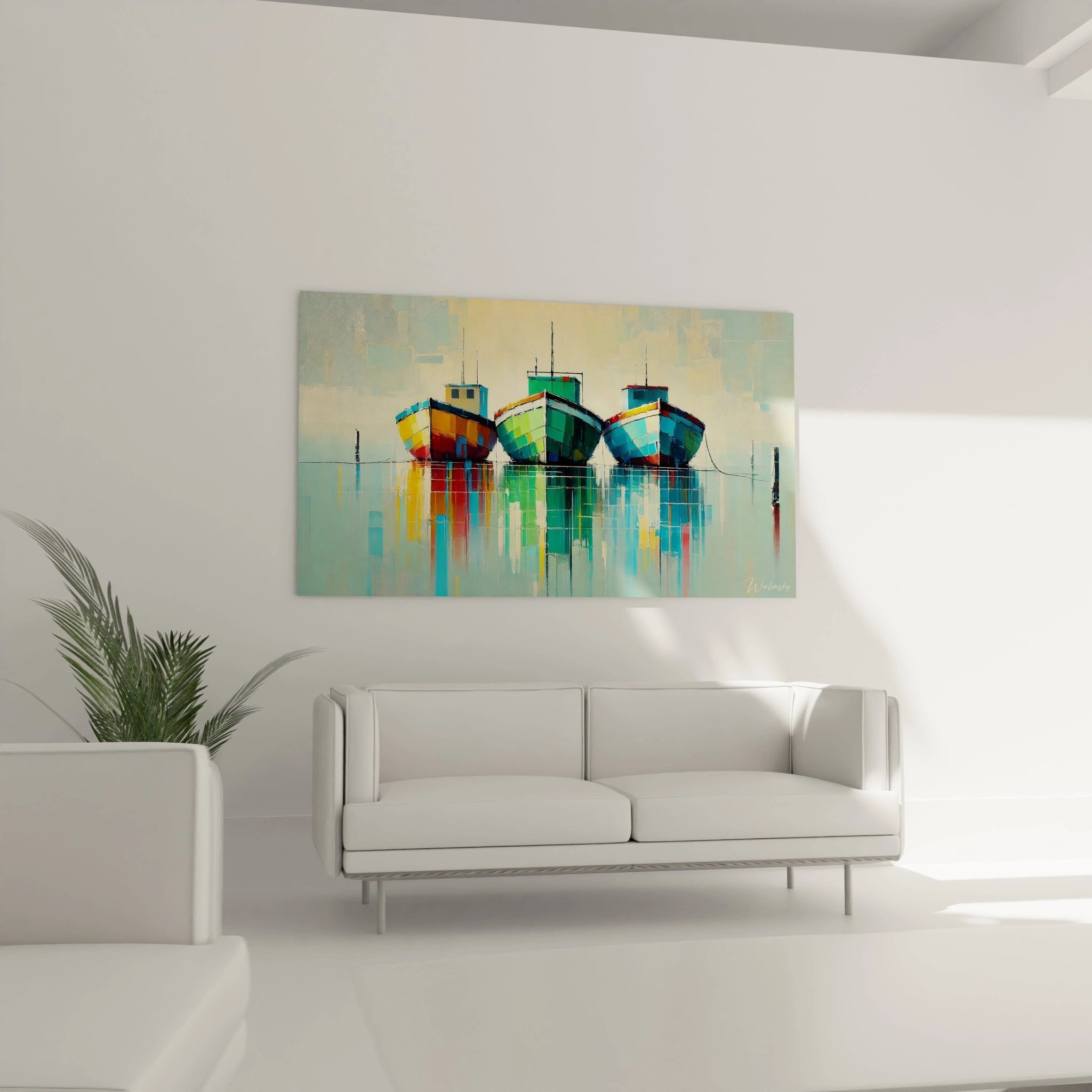 Detailansicht der farbenfrohen Fischerboote mit impressionistischen Reflexionen im Hafenwasser