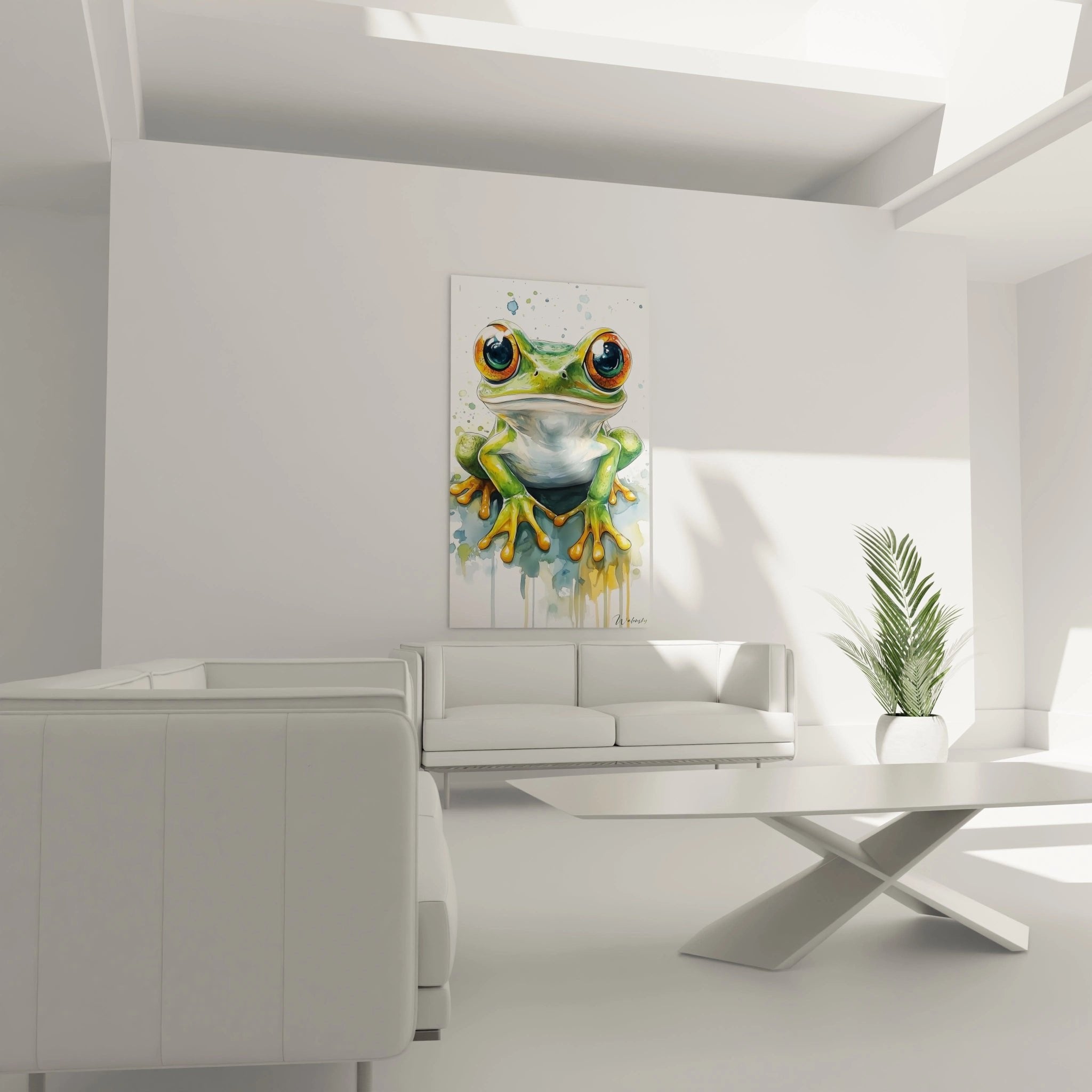 Nahaufnahme der leuchtenden Augen und Aquarell-Details des Frosch Wandbildes