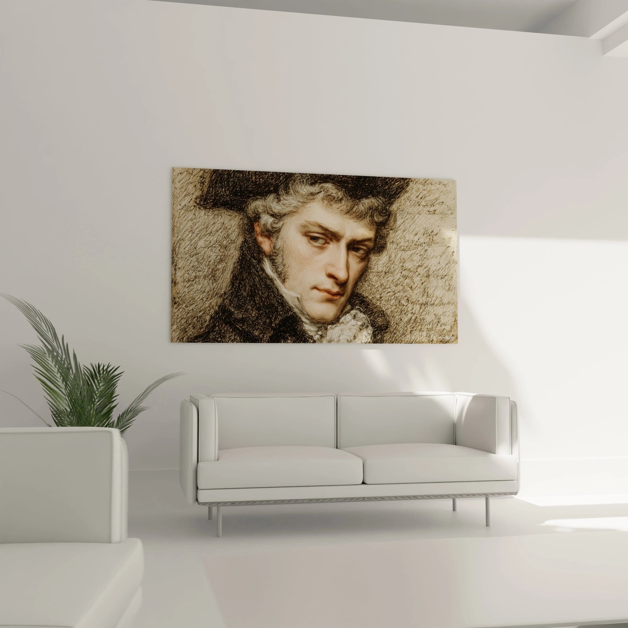 Detailaufnahme des historischen Herrenporträts zeigt meisterhafte Zeichentechnik und feine Gesichtszüge