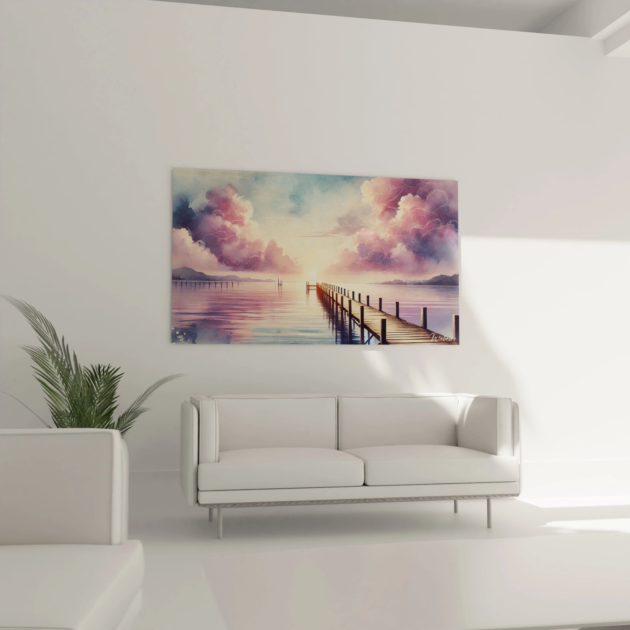 Detailaufnahme des Sonnenuntergang-Wandbildes mit Holzsteg und dramatischen Wolken