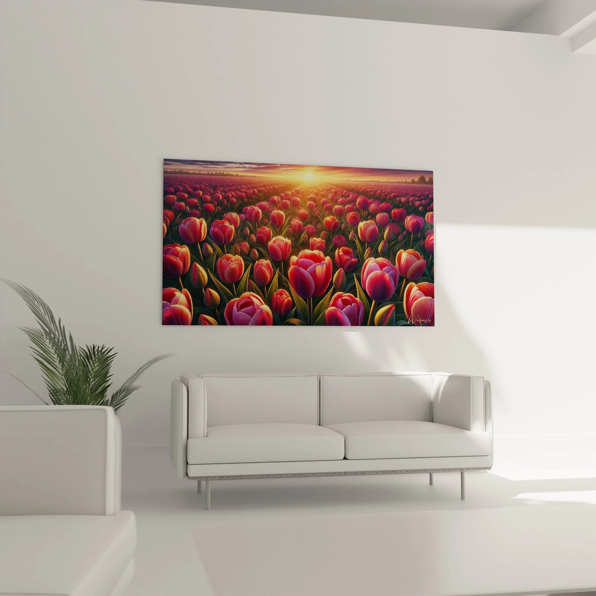 Detailaufnahme der farbenprächtigen Tulpenblüten in rosa, orange und roten Farbtönen im Abendlicht