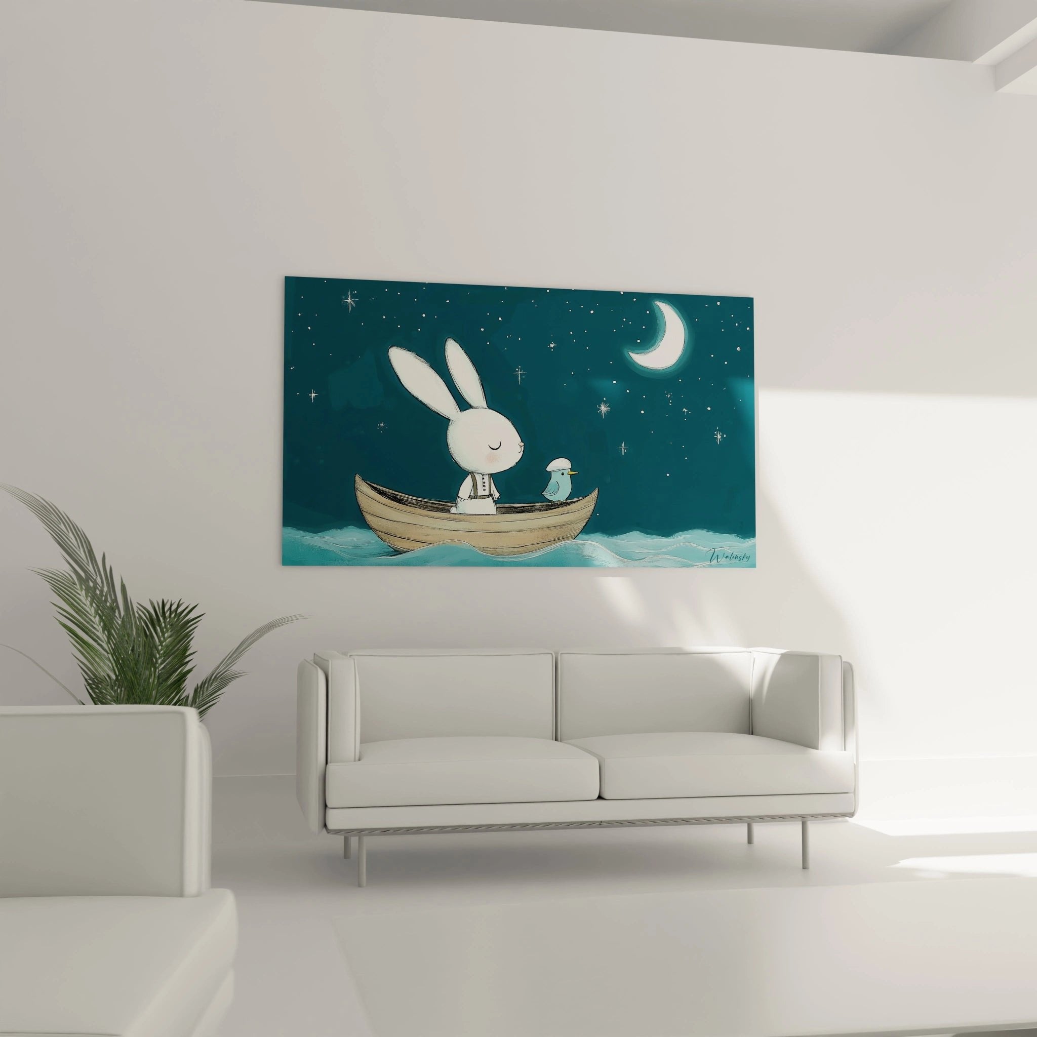 Nahaufnahme Wandbild Details Hase im Boot mit Vogel Sterne Mond maritime Kinderzimmer Kunst