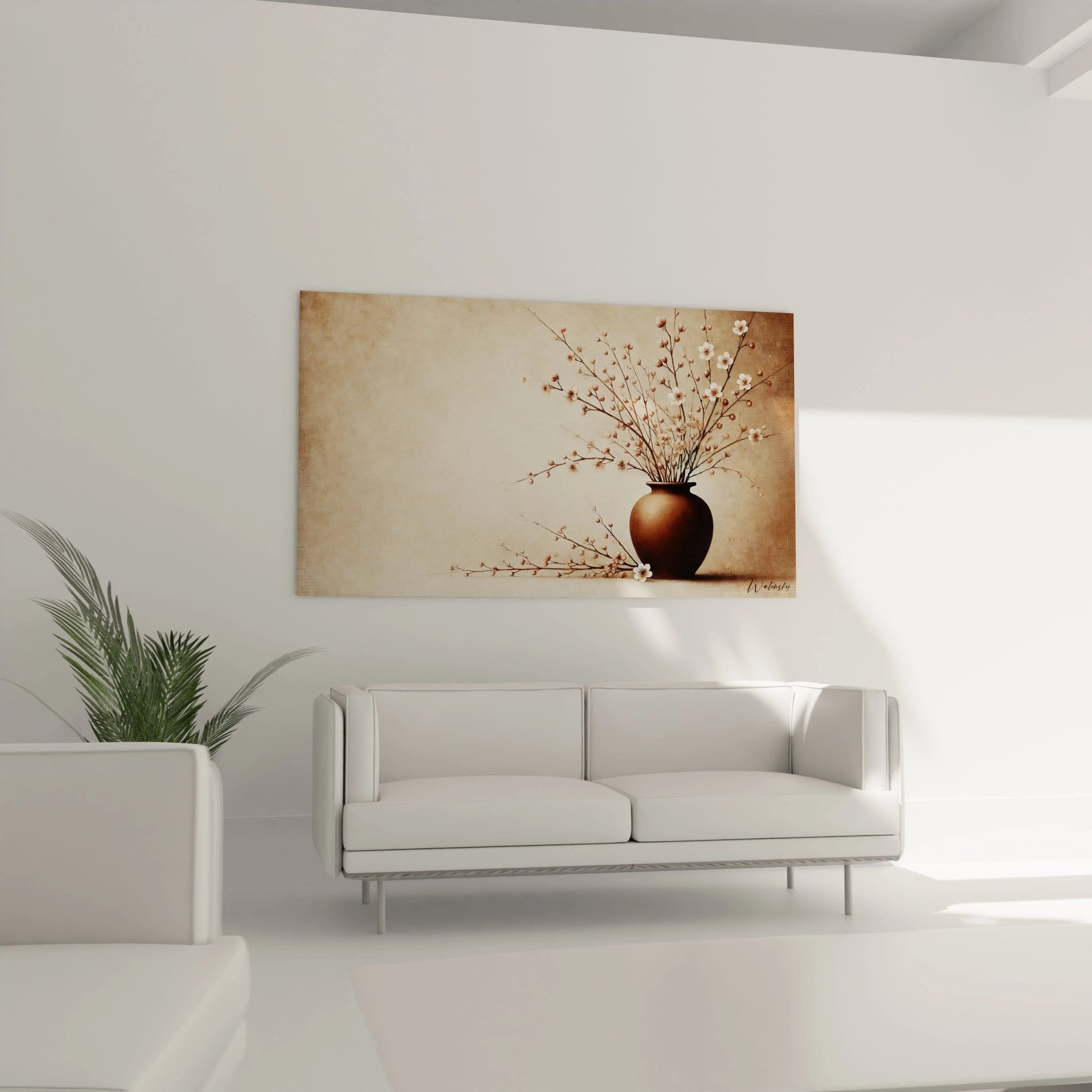 Nahaufnahme der zarten Kirschblüten und braunen Vase im minimalistischen Zen-Stil