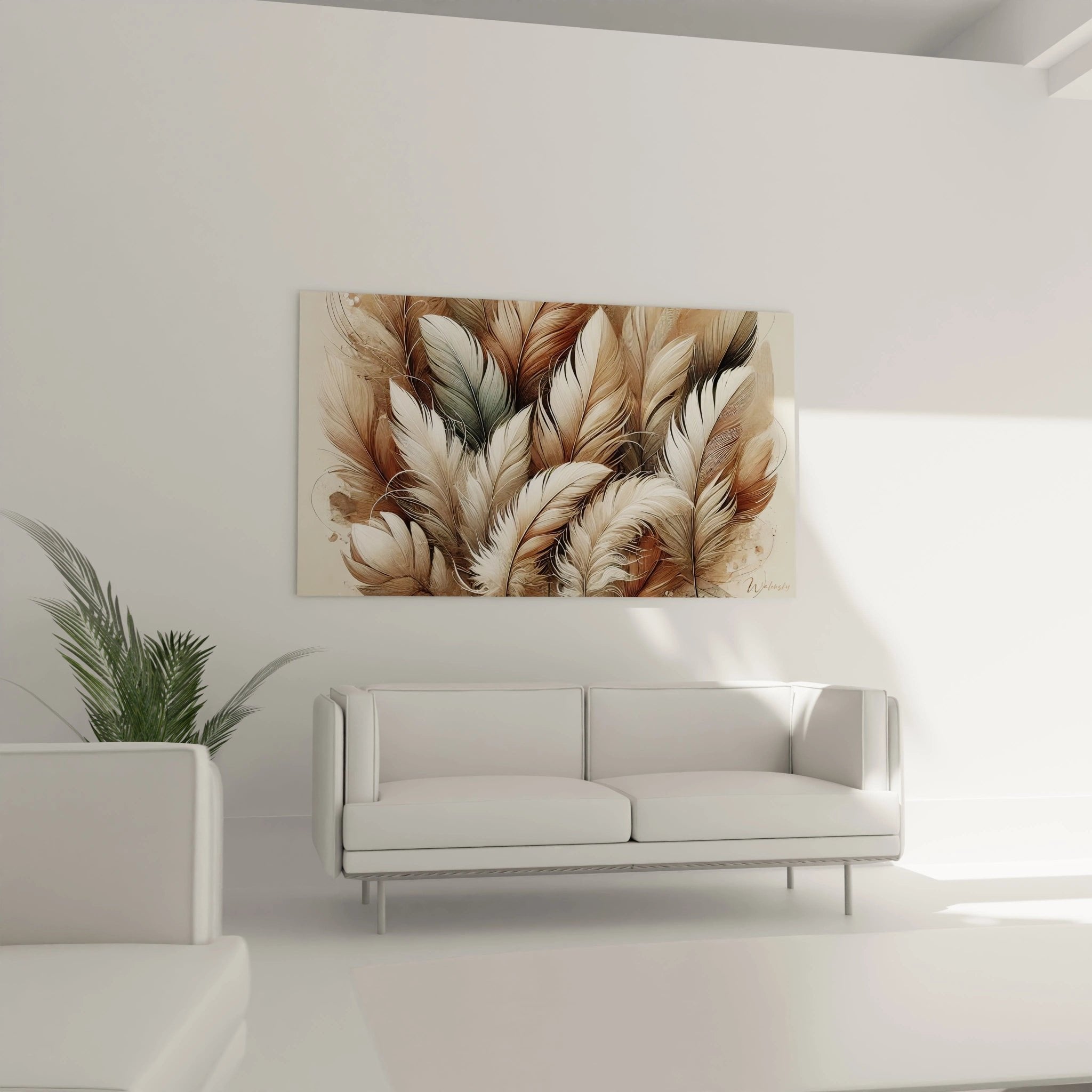 Detailaufnahme der filigranen Federstrukturen in warmen Brauntönen und cremefarbenen Nuancen