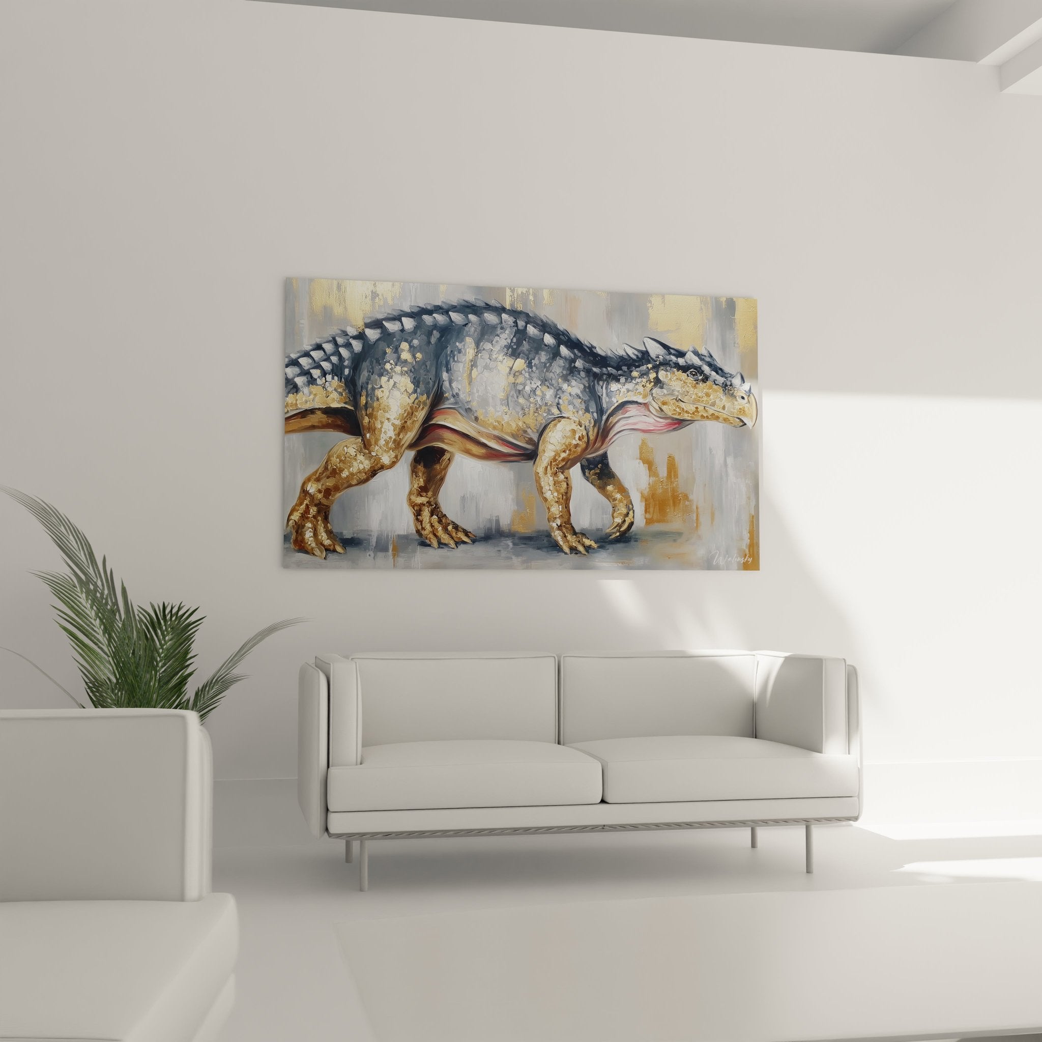 Detailaufnahme der goldenen Panzerung und realistischen Textur des Ankylosaurus Wandbildes