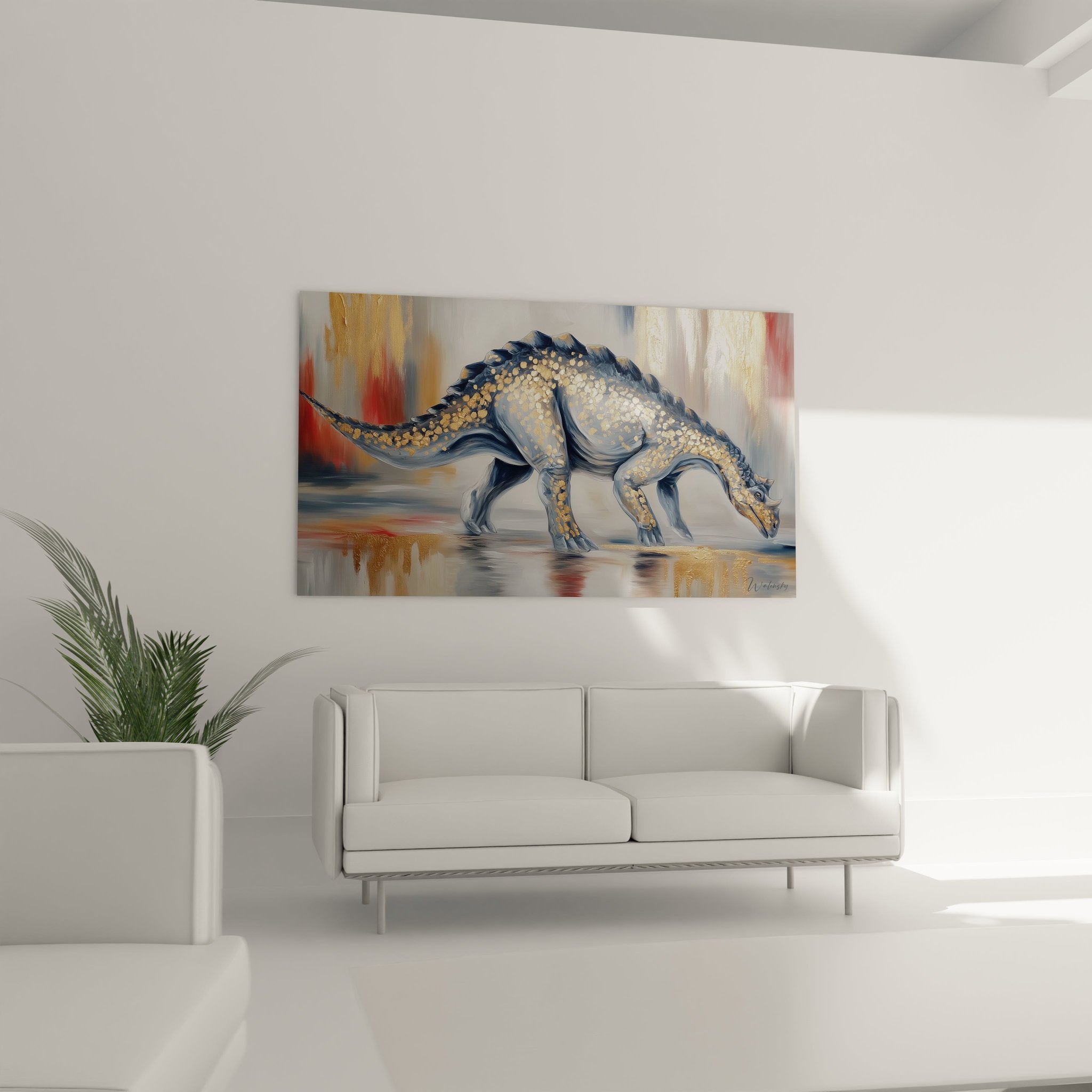 Nahaufnahme der goldenen Schuppendetails und künstlerischen Pinselführung des Scutosaurus Wandbildes