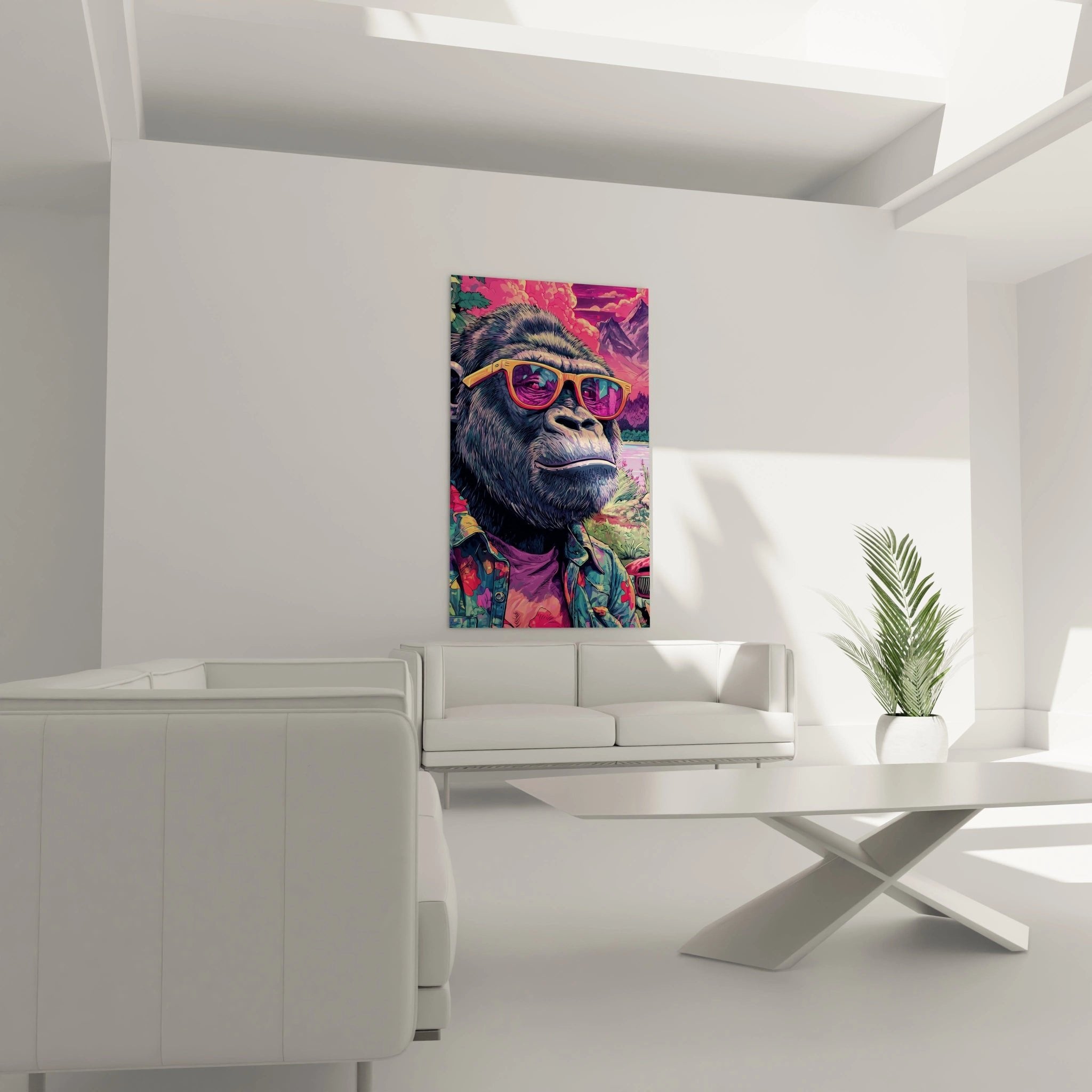 Nahaufnahme Gorilla Gesicht mit reflektierender Sonnenbrille im lebendigen Comic-Stil