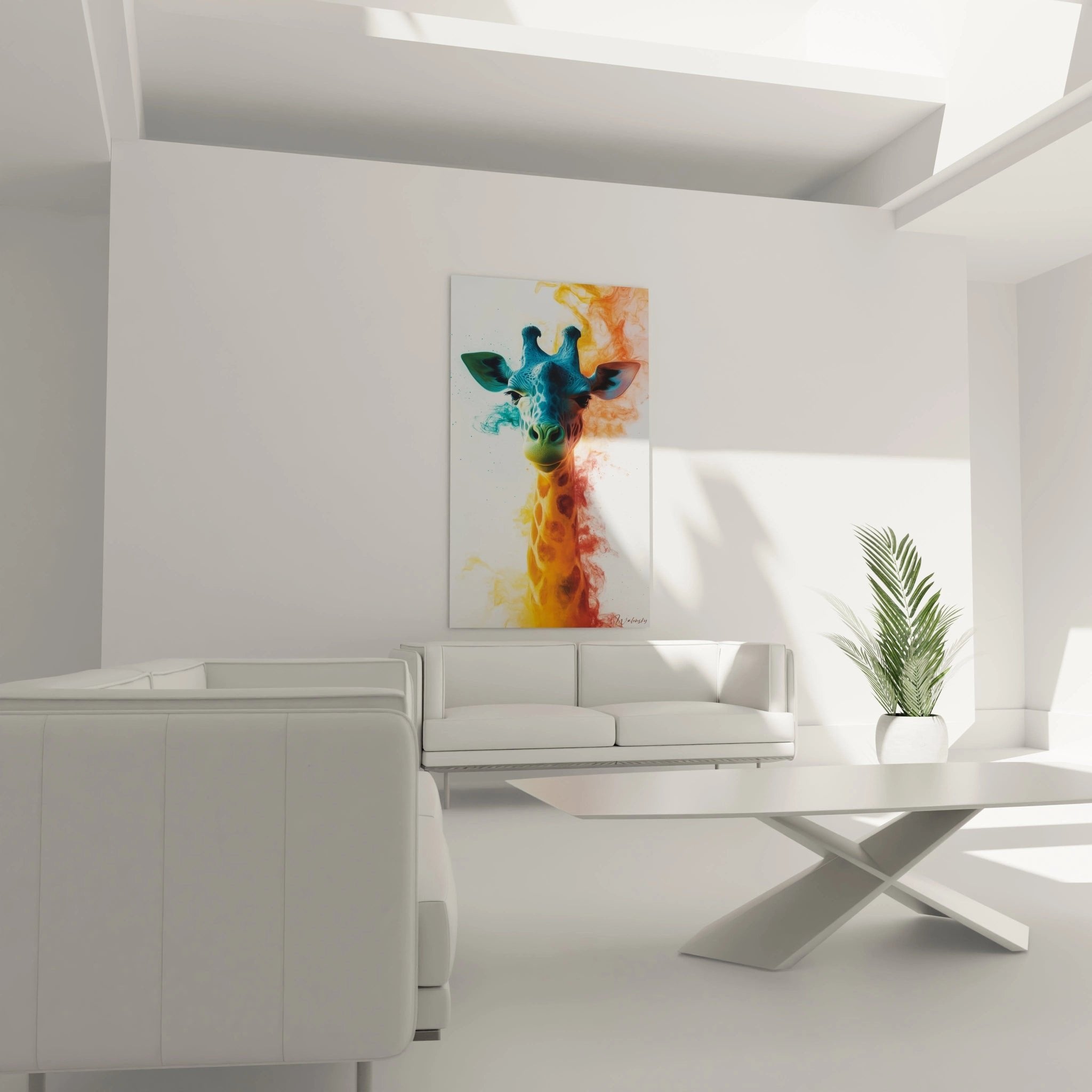 Nahaufnahme der Giraffe Fluid Art zeigt Details der tuerkisen und orangen Farbuebergaenge im Gesicht