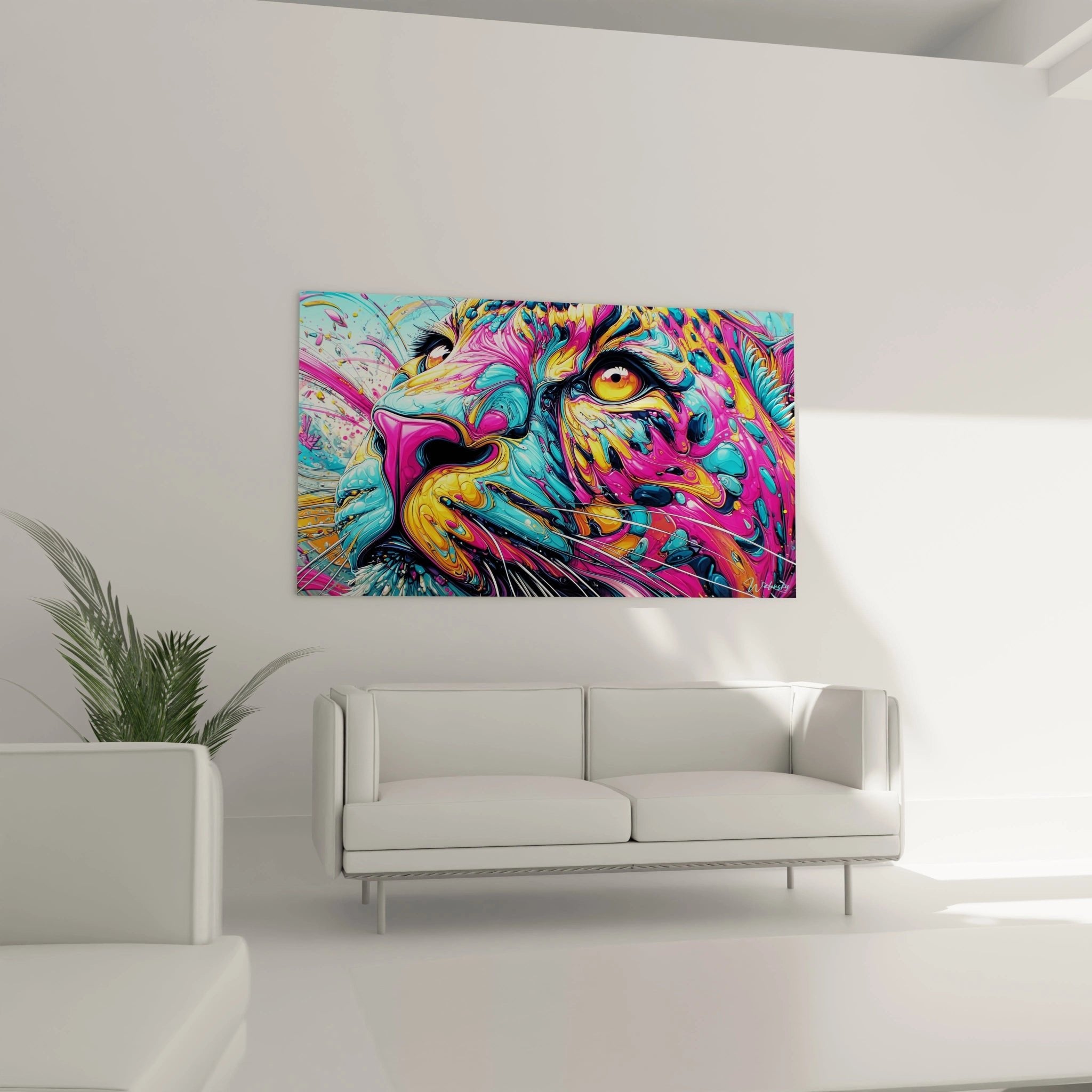 Nahaufnahme des bunten Katzen-Wandbildes mit detailreichen Farbverläufen und leuchtenden Augen