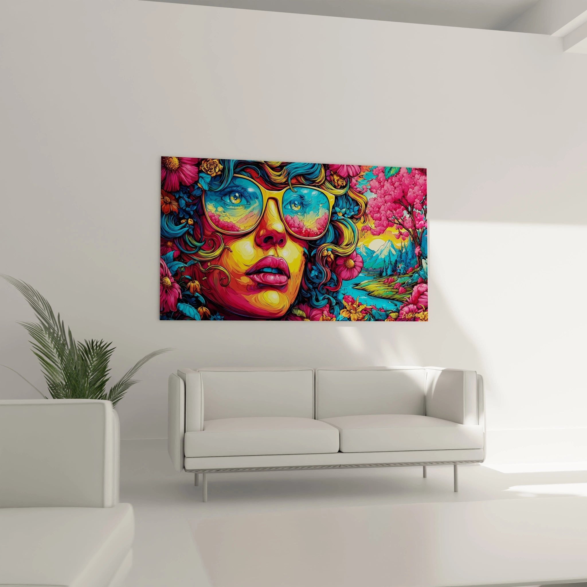 Nahaufnahme des bunten Pop-Art Wandbildes mit detailreichen Farbübergängen und floralen Elementen