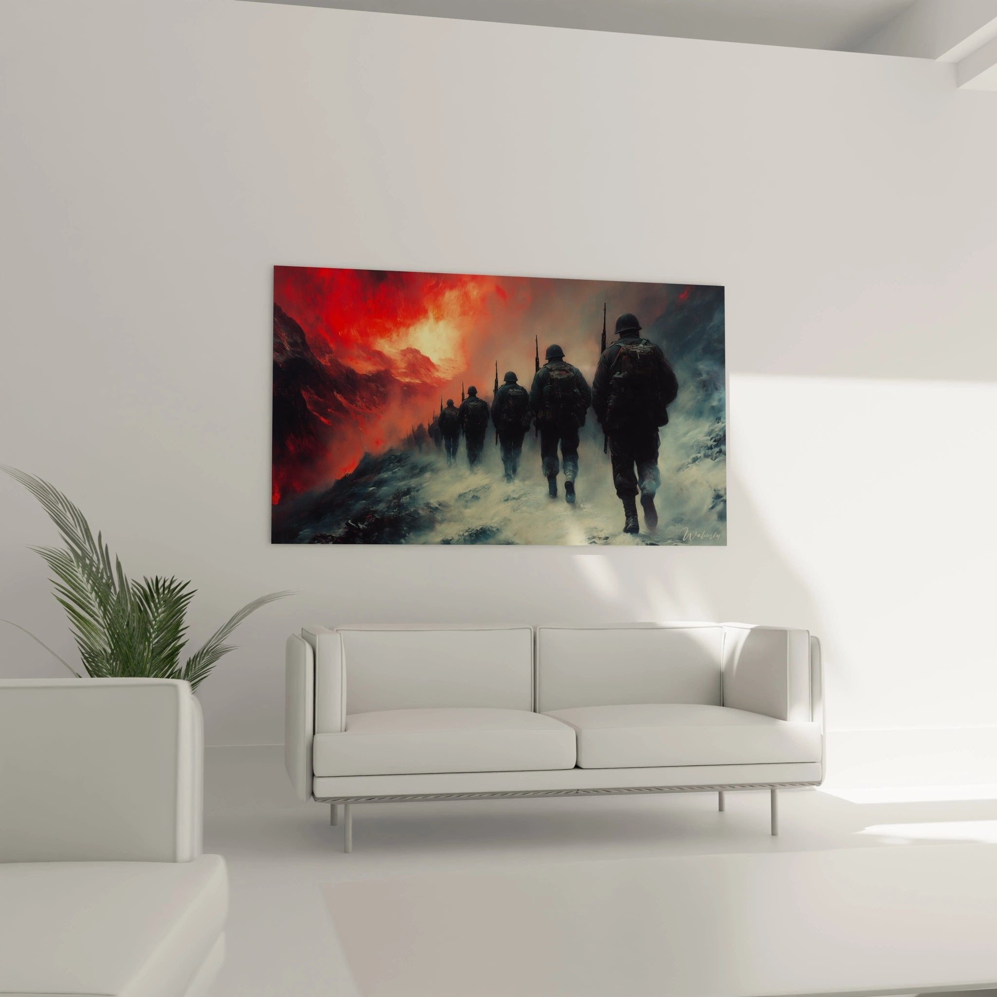 Nahaufnahme Detail der Soldatensilhouetten mit Stahlhelmen und Gewehren im nebligen Schneesturm Wandbild