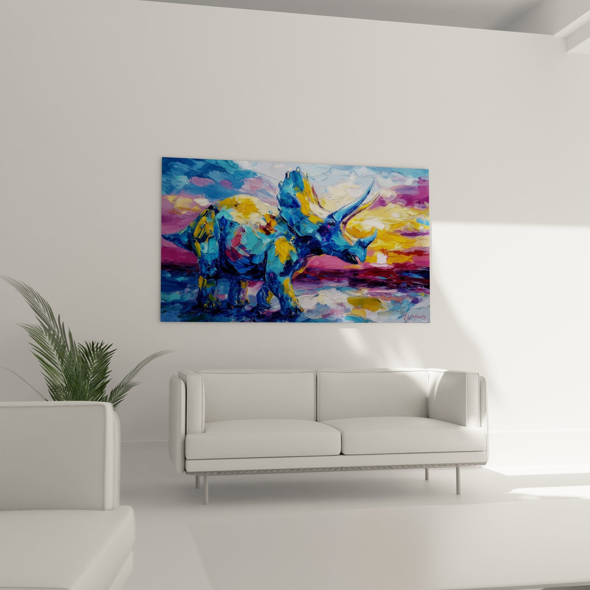 Nahaufnahme des Triceratops Wandbildes zeigt detaillierte Pinselstriche und leuchtende Farbübergänge