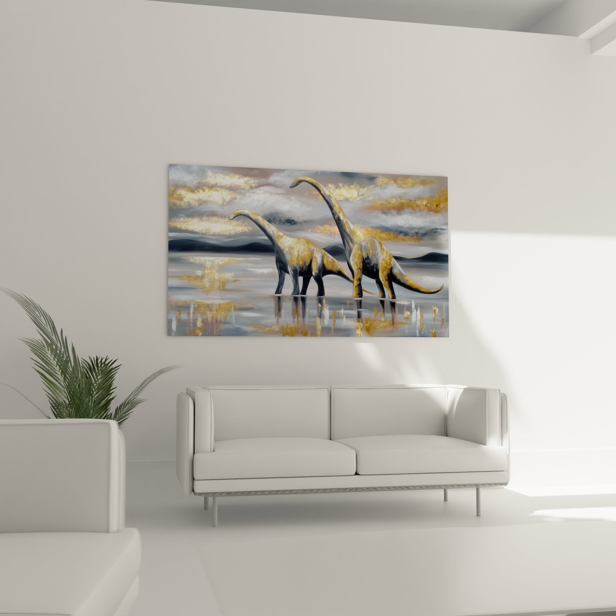 Nahaufnahme des Brontosaurus-Wandbildes zeigt goldene Details und künstlerische Pinselführung