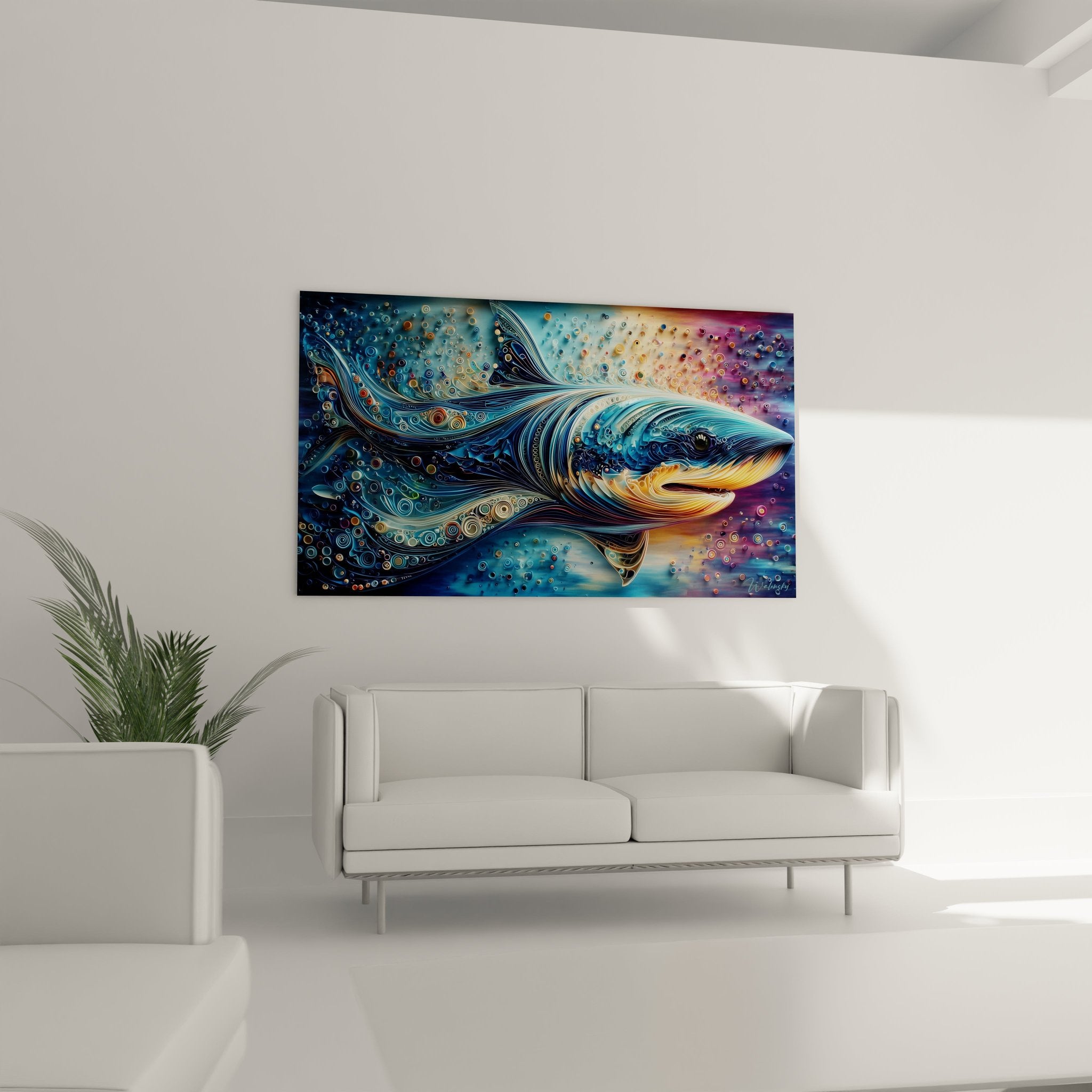 Detailansicht des Wal-Kopfes mit wirbelnden Farbmustern und leuchtenden Effekten