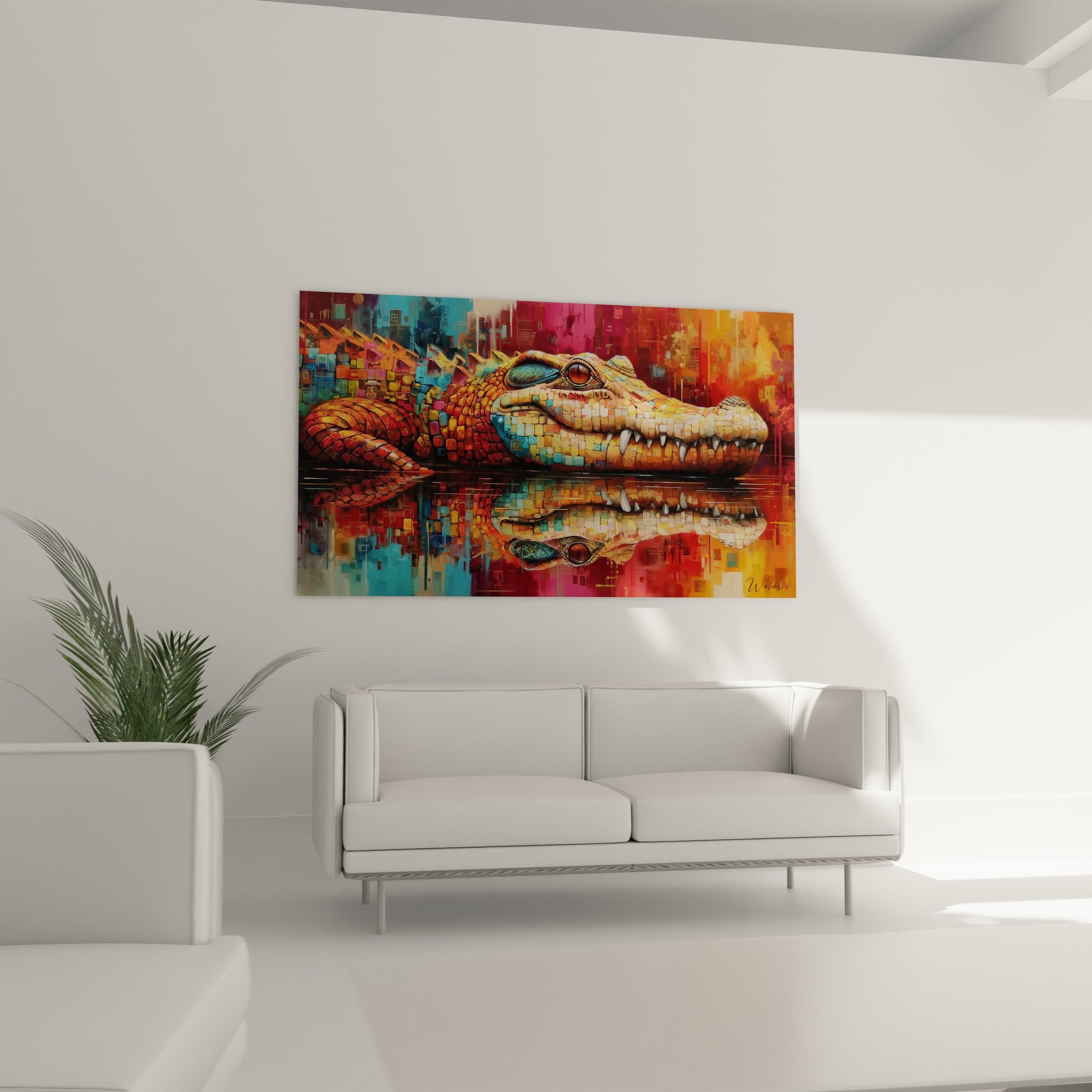 Detailaufnahme des mosaikartigen Kaprosuchus Wandbildes mit leuchtenden Farben und Pixelstruktur