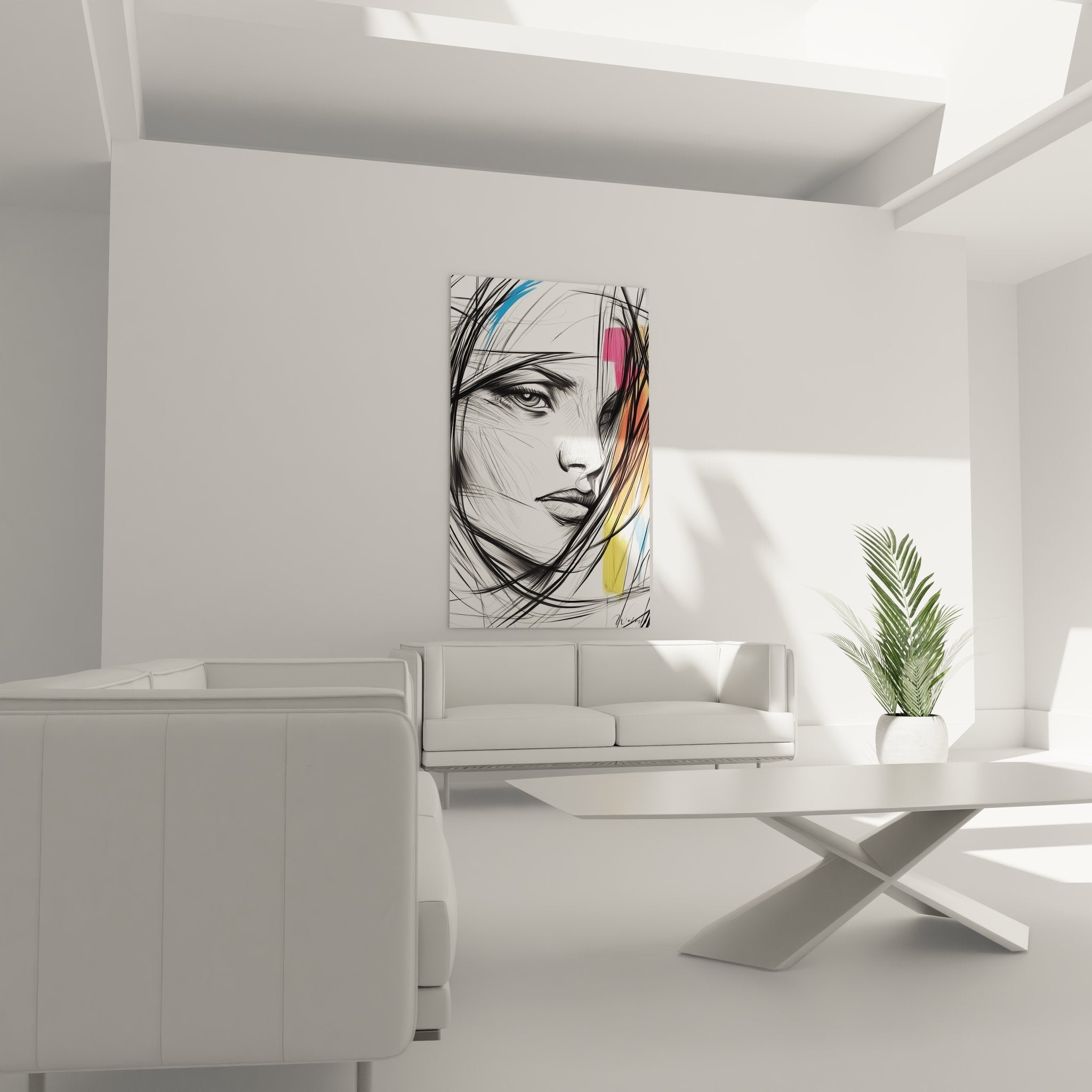 Nahaufnahme des Wandbildes zeigt detaillierte Linienführung und Farbakzente des modernen Frauenportraits