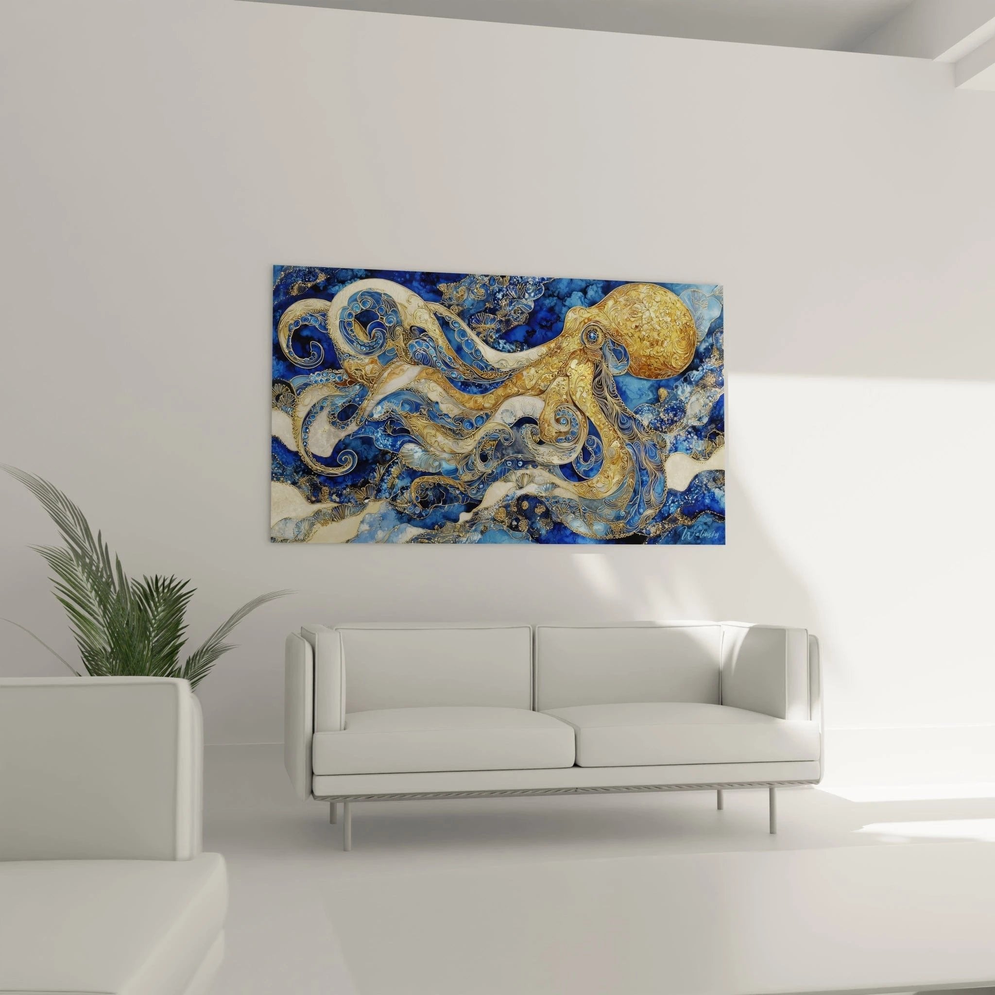 Detailansicht der goldenen Ornamente und spiralförmigen Muster auf den Tentakeln des mystischen Oktopus