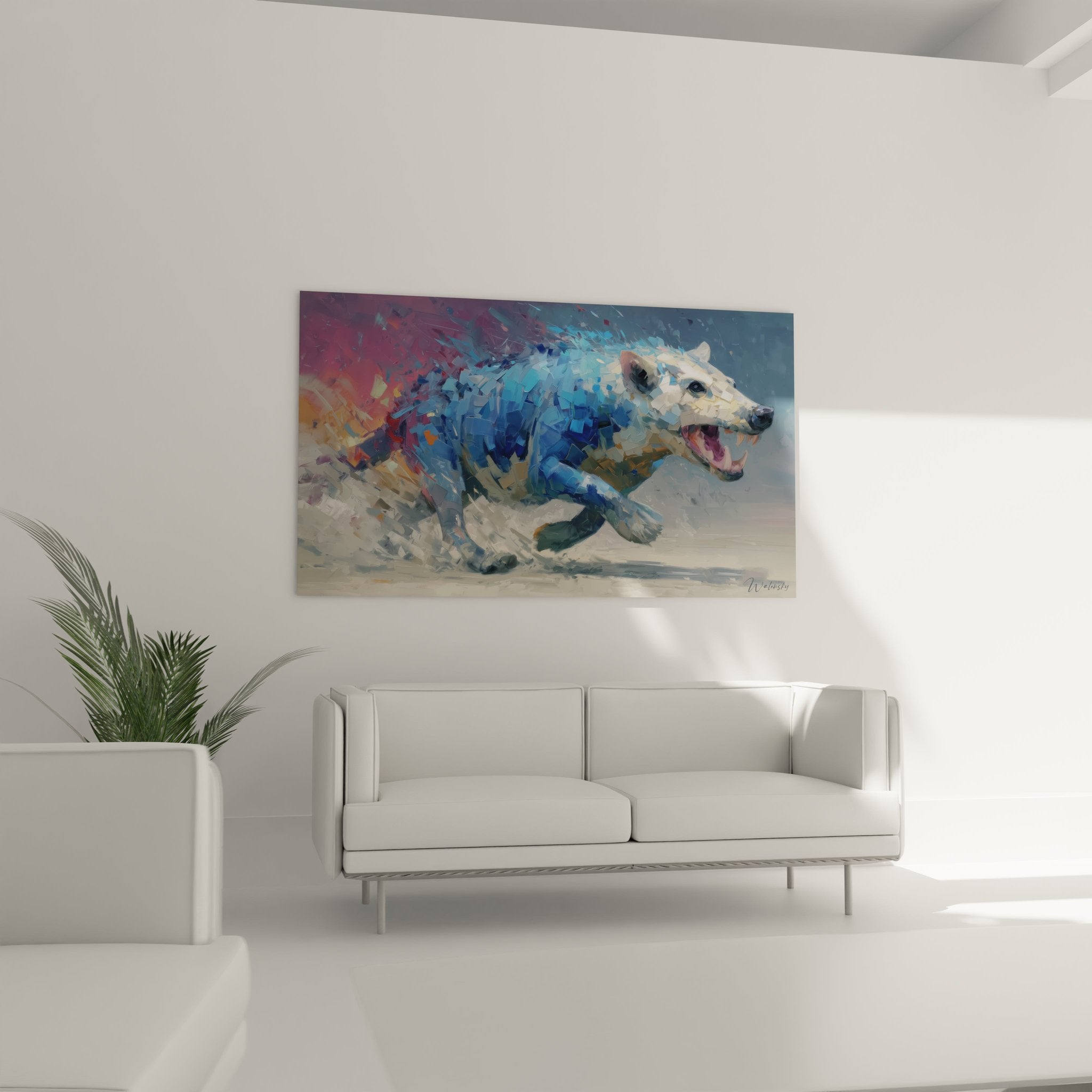 Detailaufnahme des Andrewsarchus Wandbildes zeigt expressionistische Pinselführung und Farbübergänge in Blau
