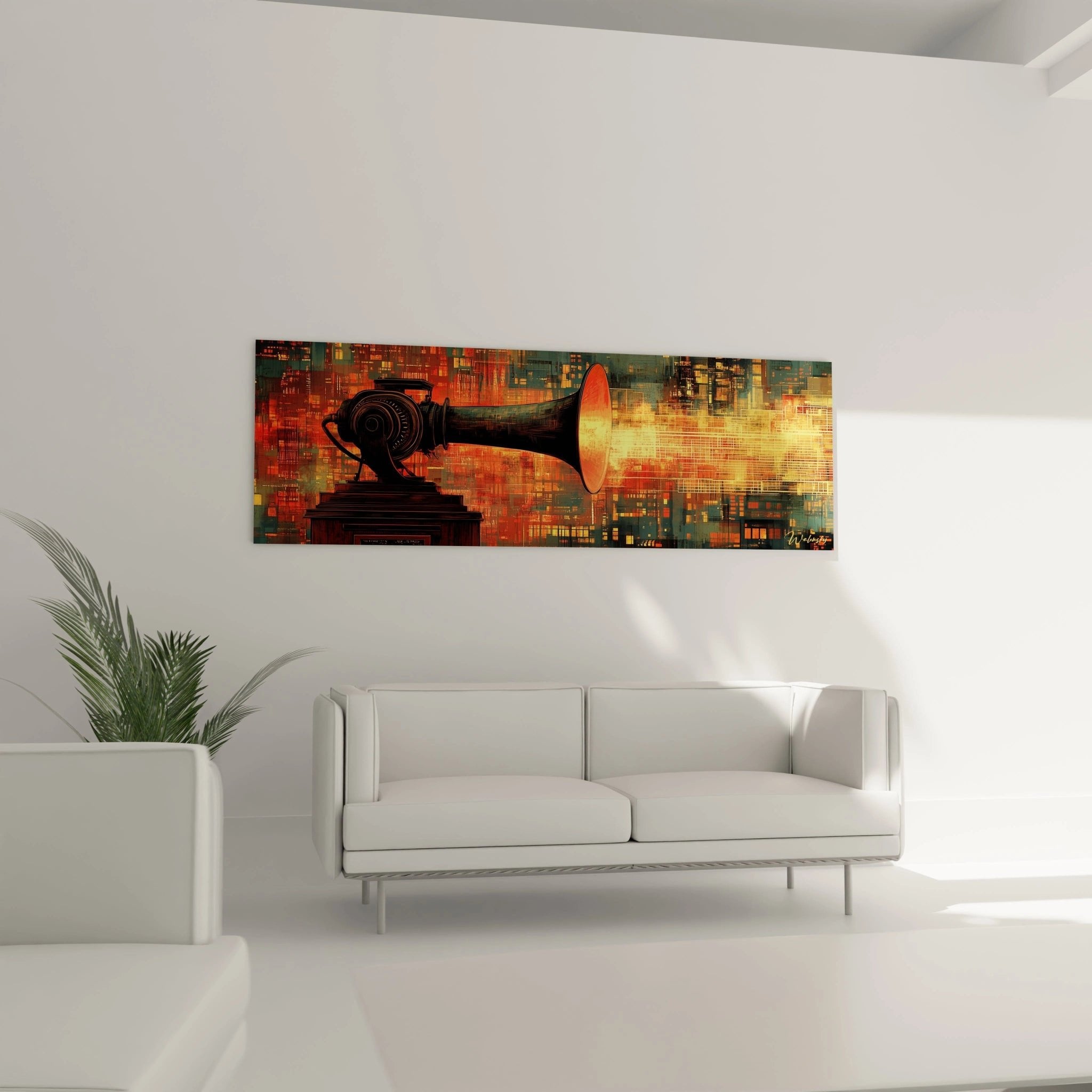 Nahaufnahme des Vintage Grammophons im Street Art Stil mit detaillierter urbaner Skyline im Hintergrund