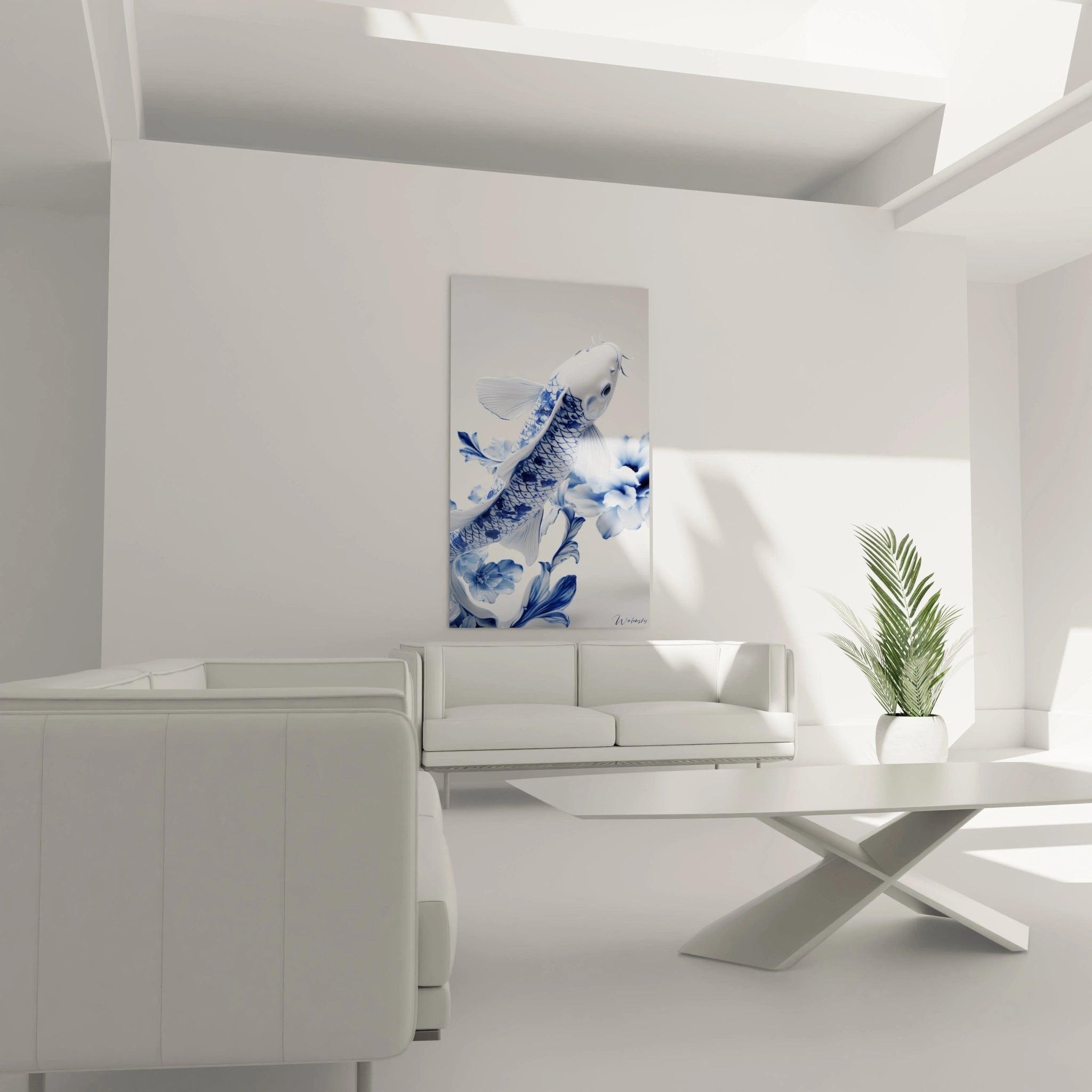 Detailaufnahme des Koi-Karpfen Wandbildes mit porzellanartiger Oberflächenstruktur