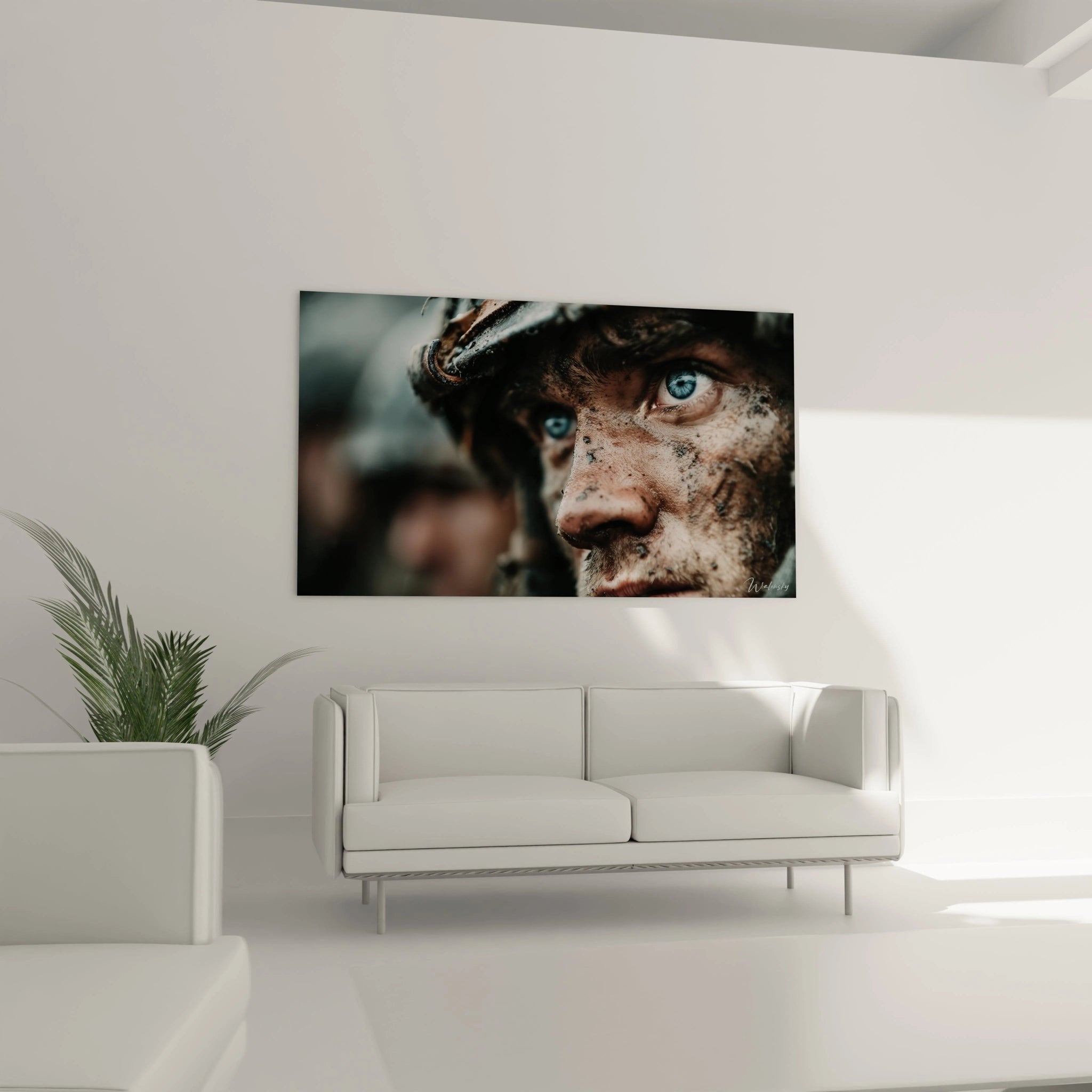 Nahaufnahme Soldatengesicht mit blauen Augen - Wandbild Erster Weltkrieg Detail