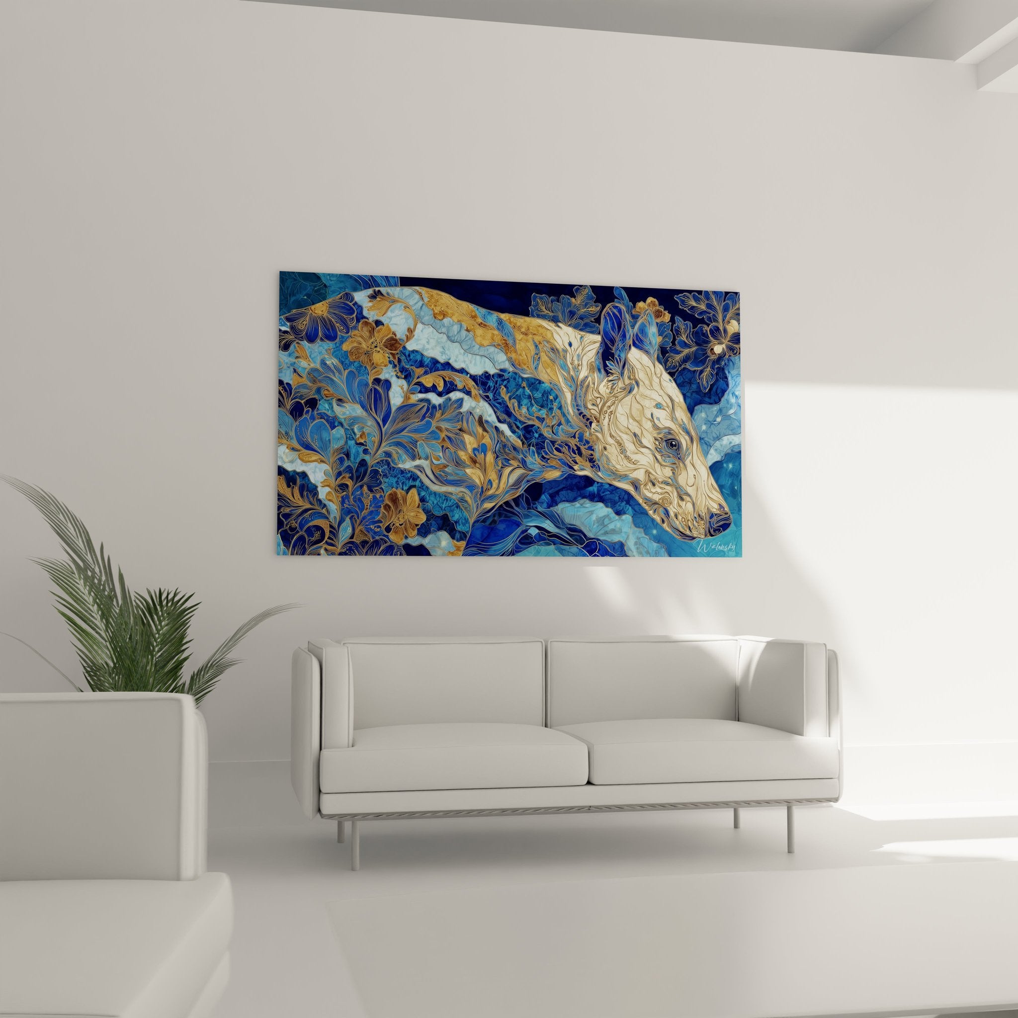 Detailaufnahme des ornamentalen Wal Kunstwerks zeigt kunstvolle Linienführung und florale Verzierungen