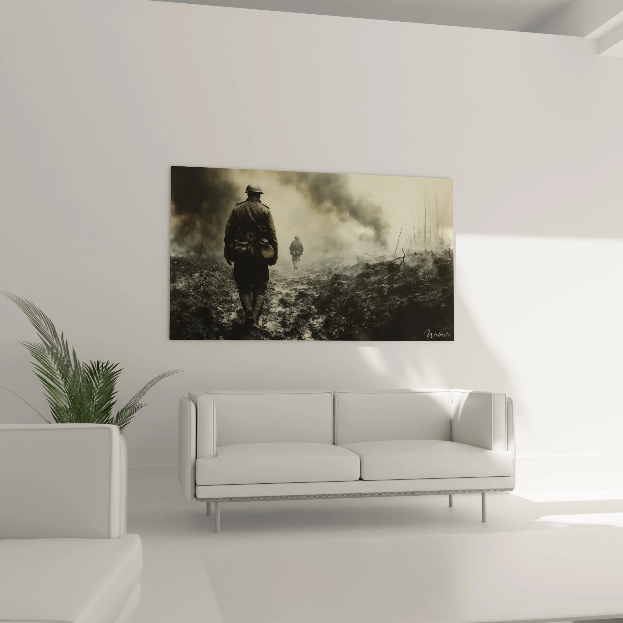 Detailansicht des Wandbildes zeigt Soldat mit Stahlhelm und Ausrüstung im schlammigen Schützengraben