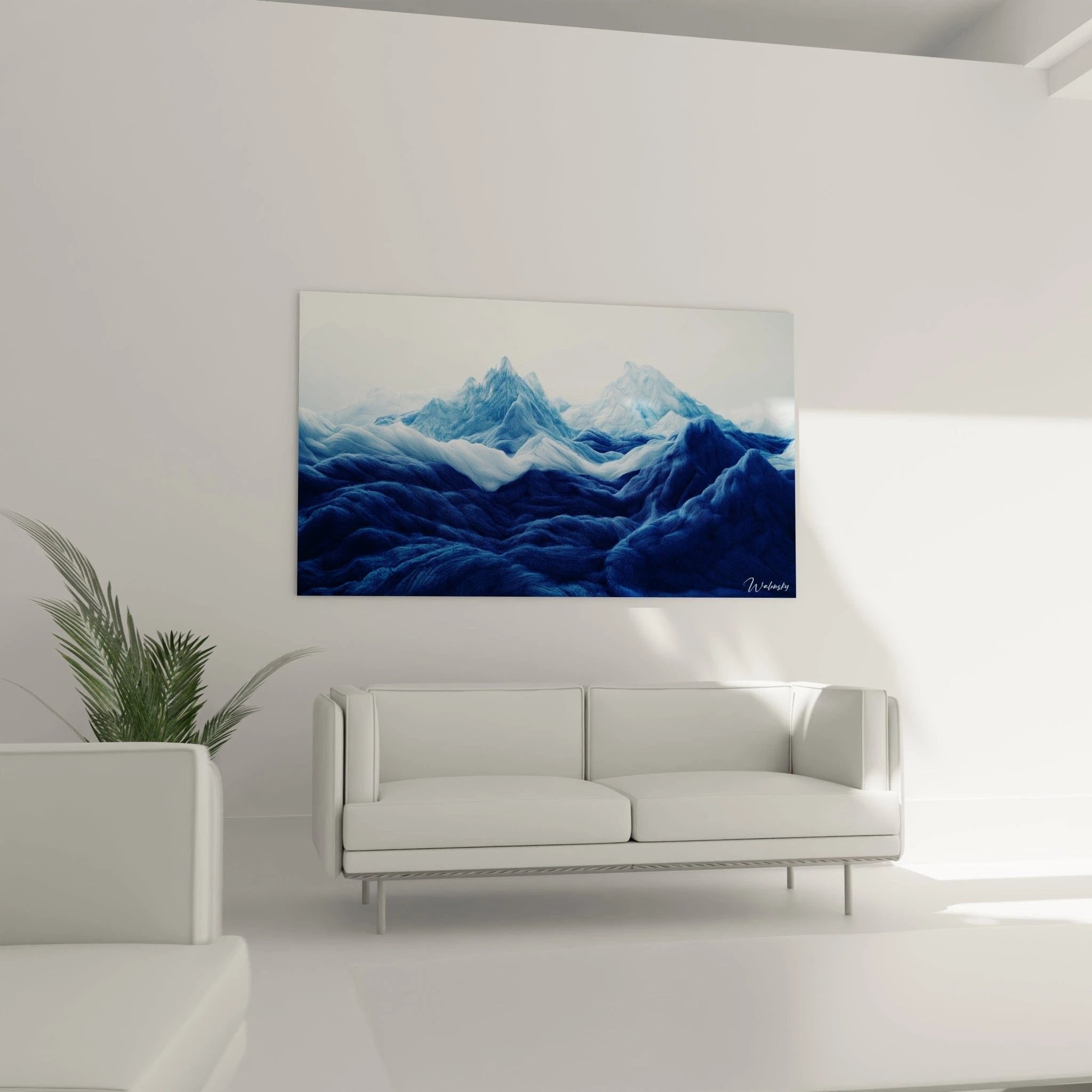 Nahaufnahme der Häkeloptik-Textur des blauen Gebirgs-Wandbildes mit detaillierter Struktur