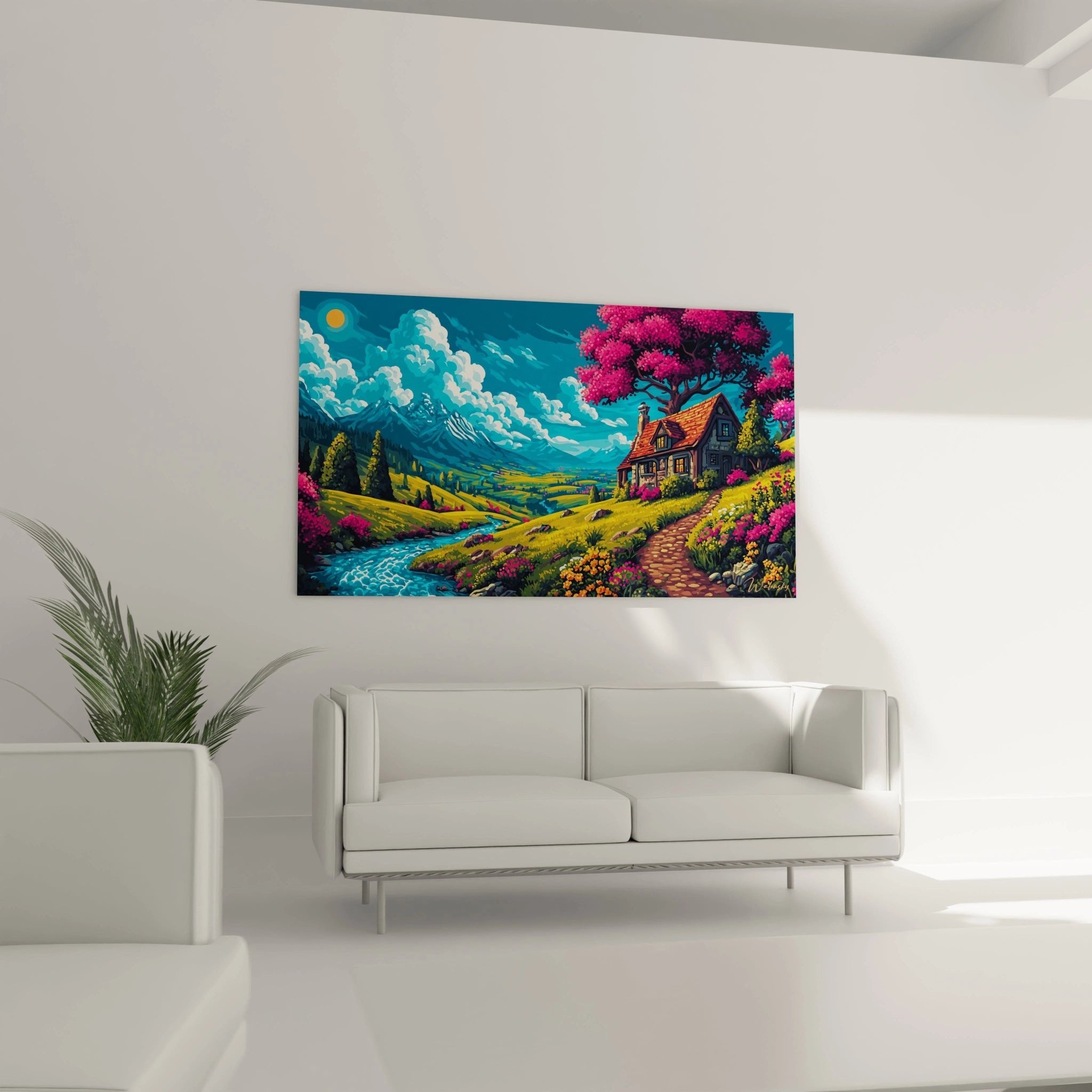 Detailansicht Comic Wandbild mit leuchtendem Cottage und bunten Blumenfeldern vor Bergpanorama