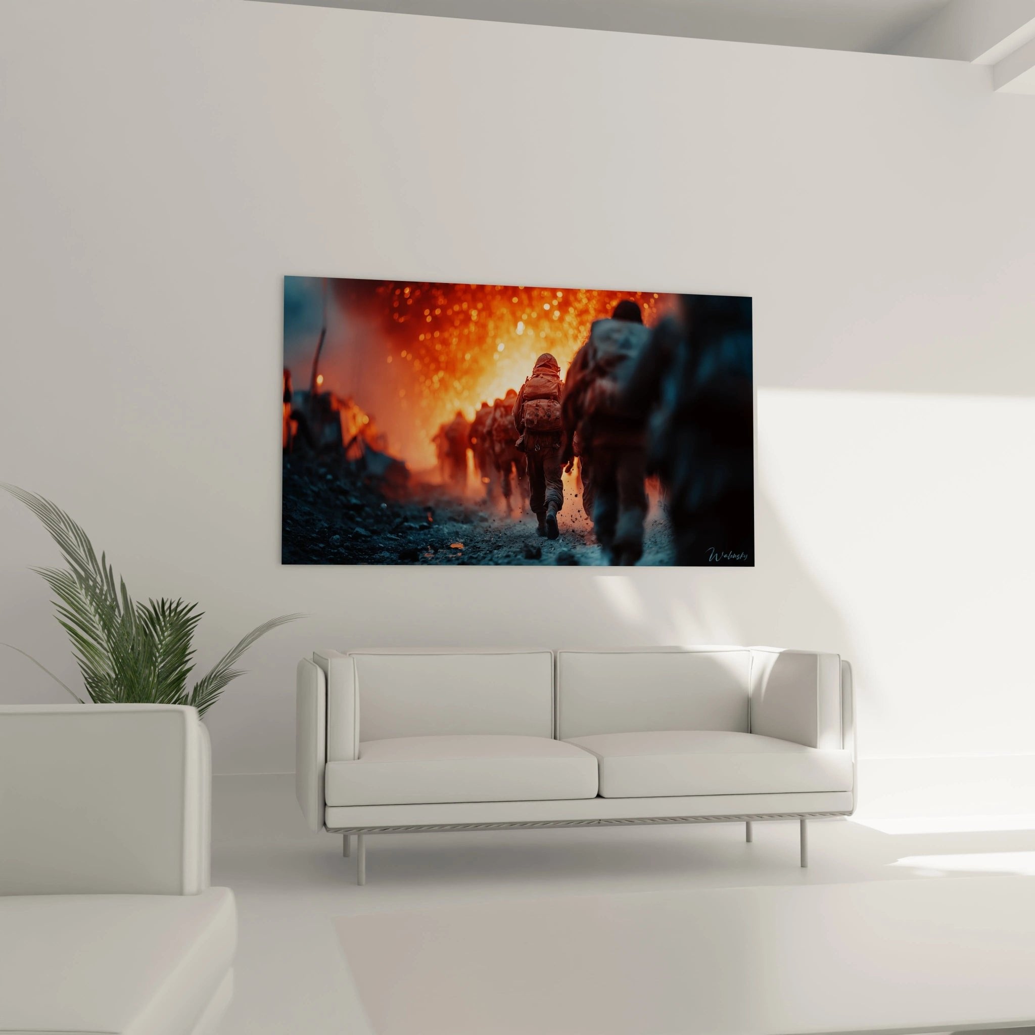 Detailaufnahme des Wandbildes zeigt Soldat in historischer Uniform vor dramatischem Feuerschein im Ersten Weltkrieg