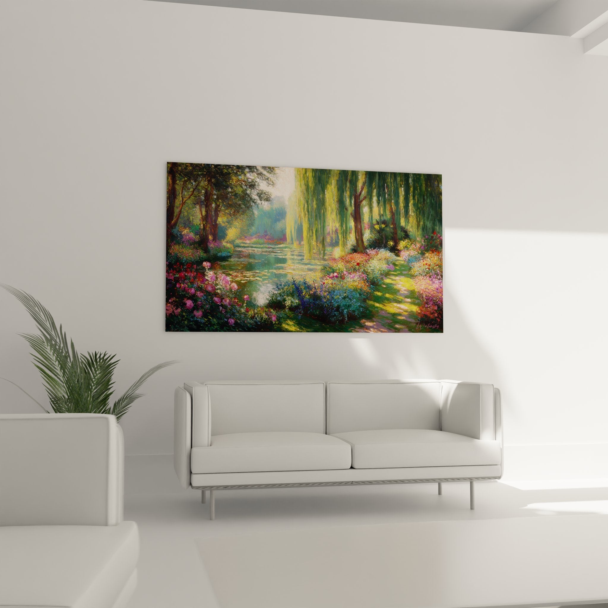 Detailansicht Wandbild zeigt bunte Blumenbeete und Weidenzweige am Teichufer in impressionistischem Stil
