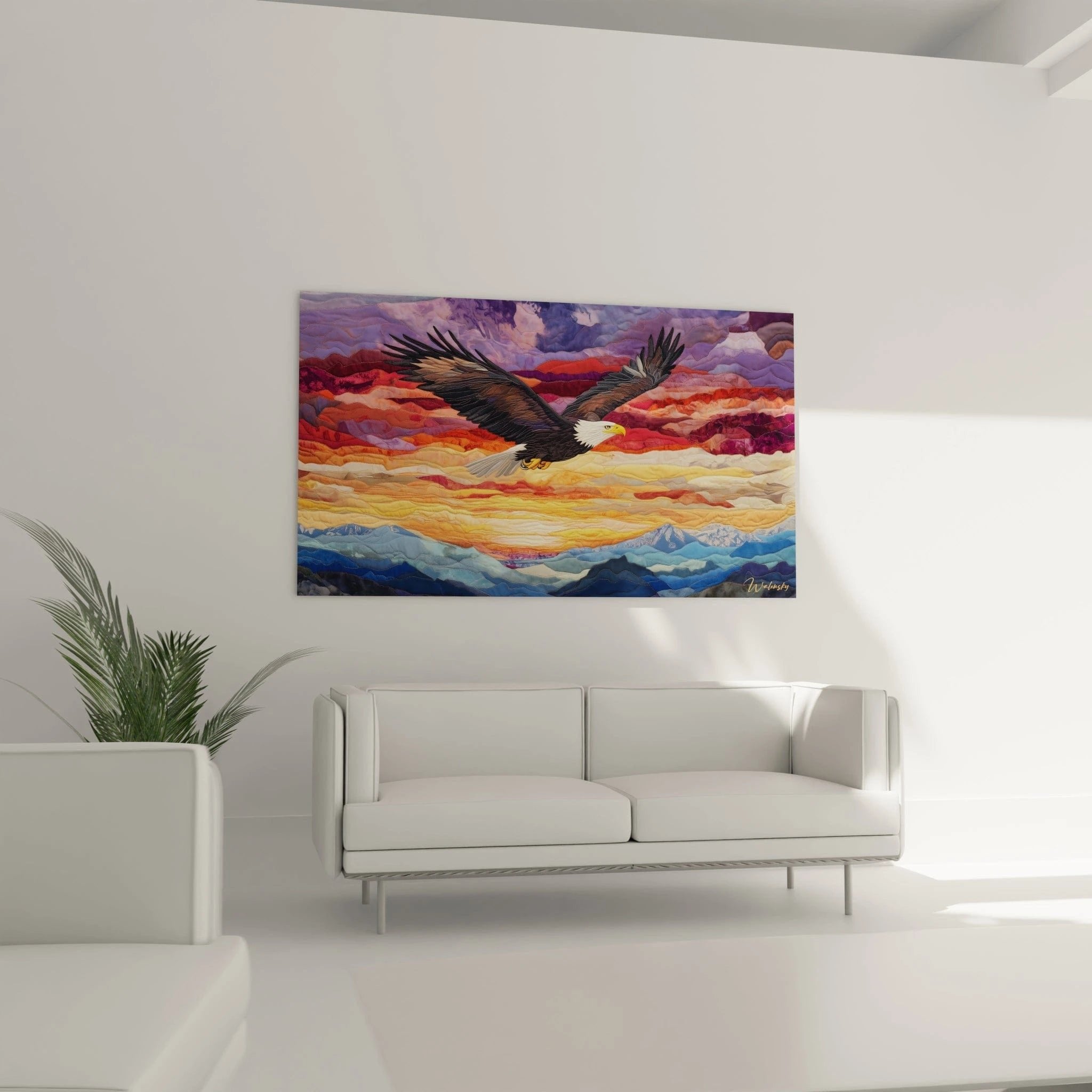 Nahaufnahme Wandbild Adler - detaillierte Häkeloptik mit Federstruktur und warmen Farben