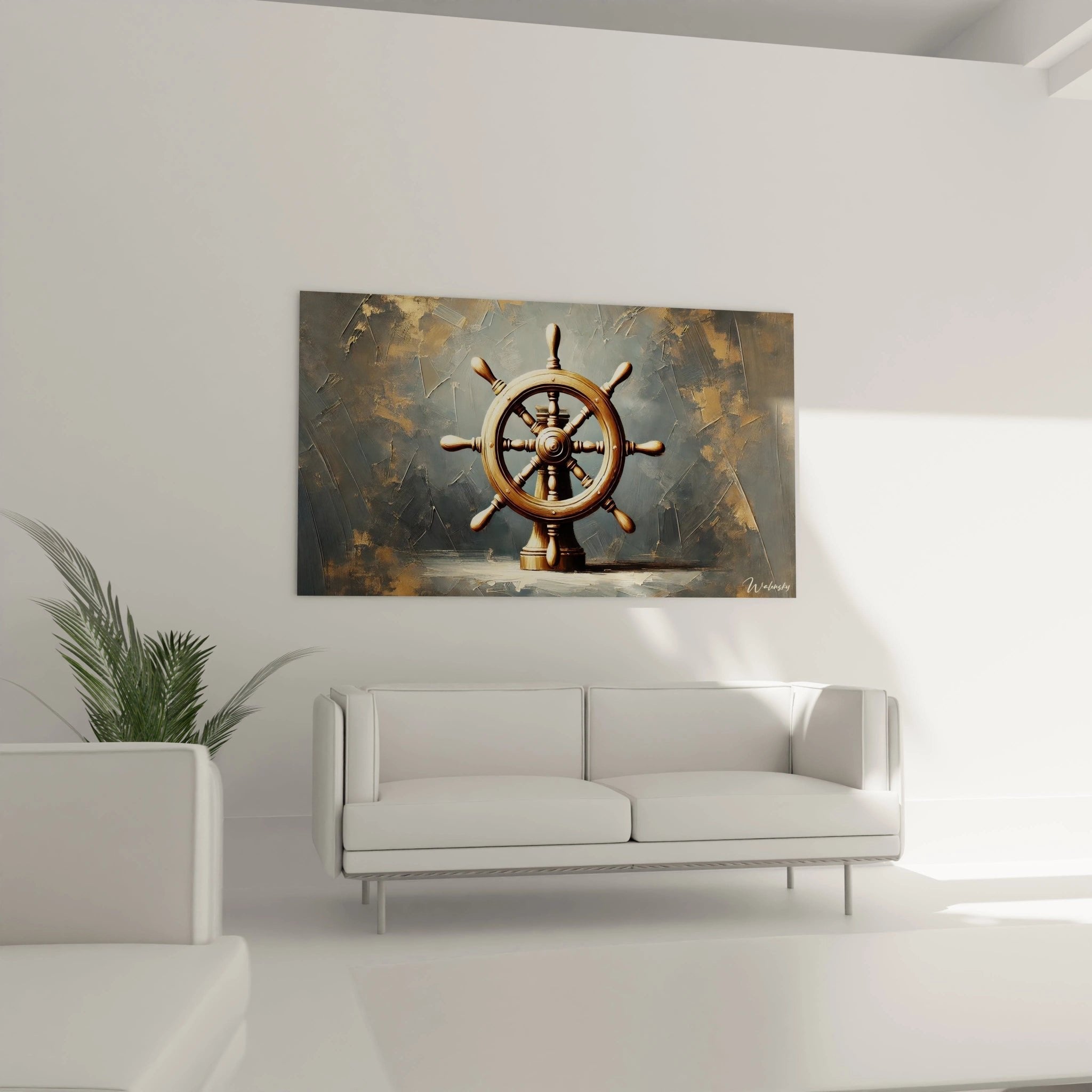 Nahaufnahme des bronzenen Schiffssteuerrads mit detailreichen Speichen und Struktur