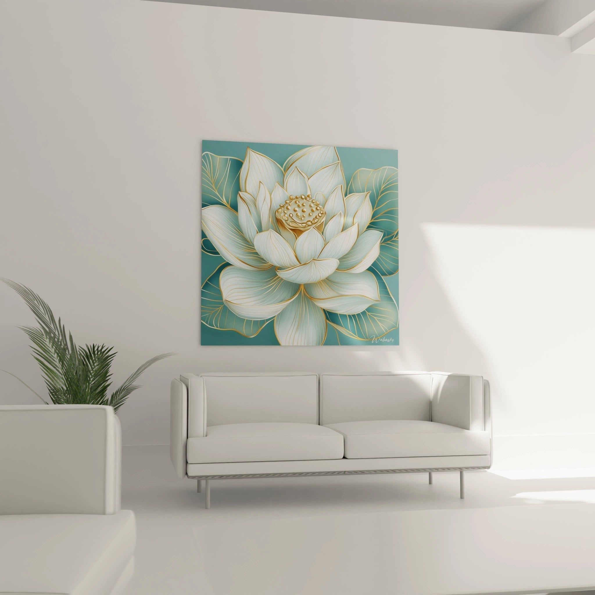 Detailaufnahme der goldenen Samenkapsel und türkisfarbenen Blütenblätter der Lotus-Wandkunst