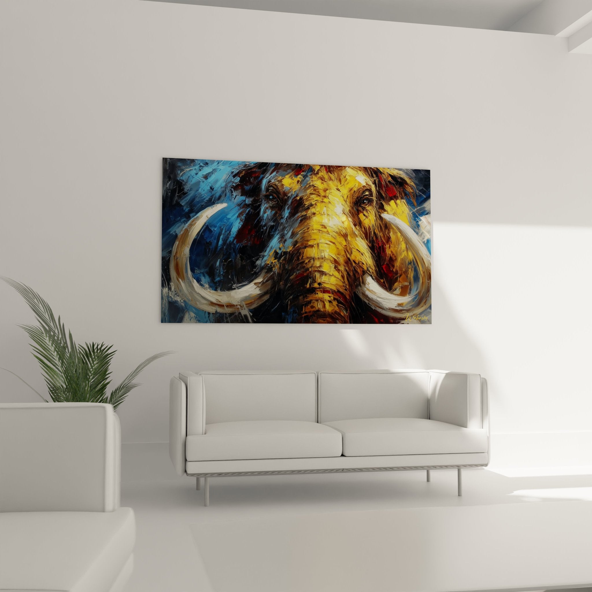 Detailansicht Wollmammut Wandbild - expressive Pinselstriche in Gold und Braun zeigen das zottelige Mammutfell