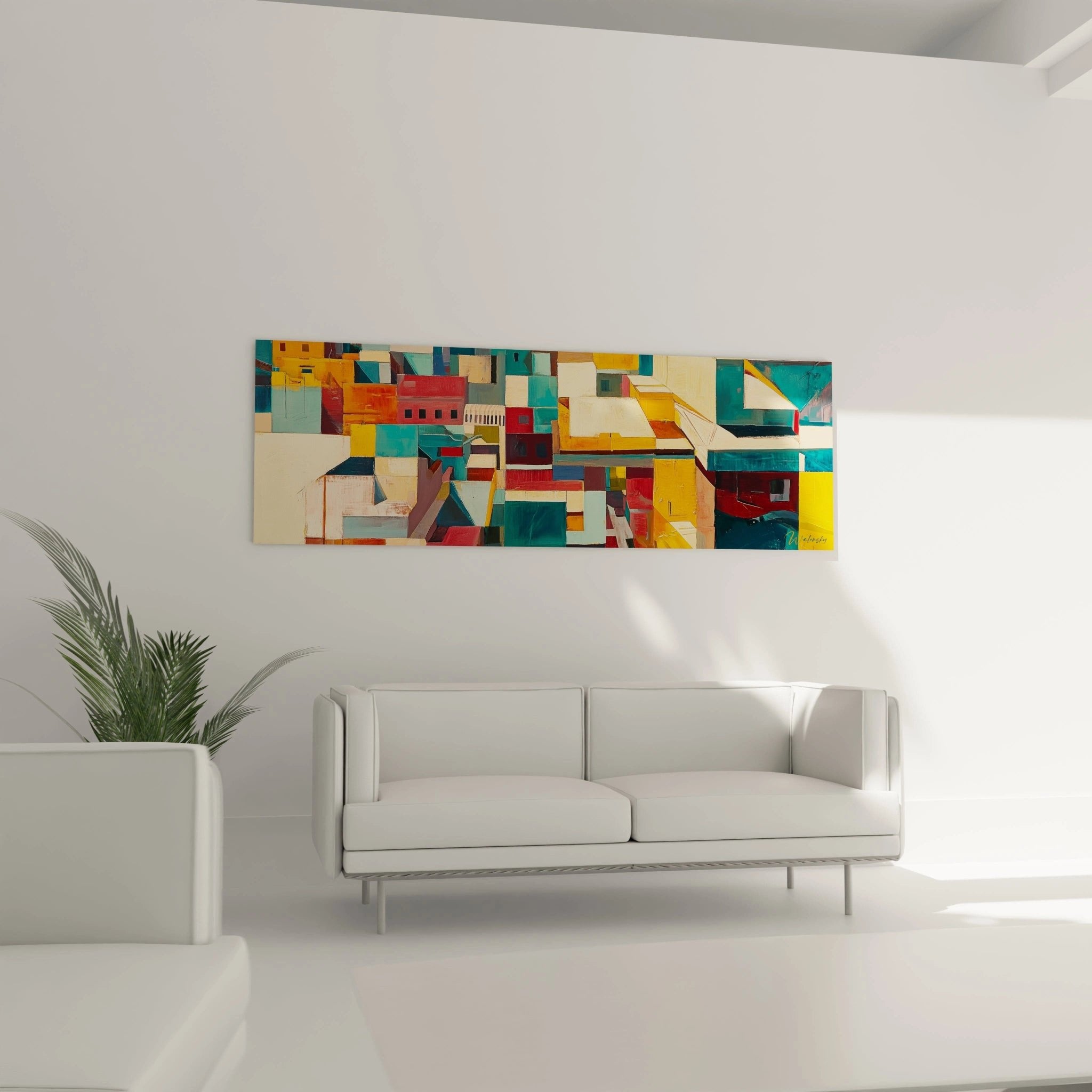 Detailaufnahme der geometrischen Formen und Farbübergänge im abstrakten Stadtlandschaft Wandbild