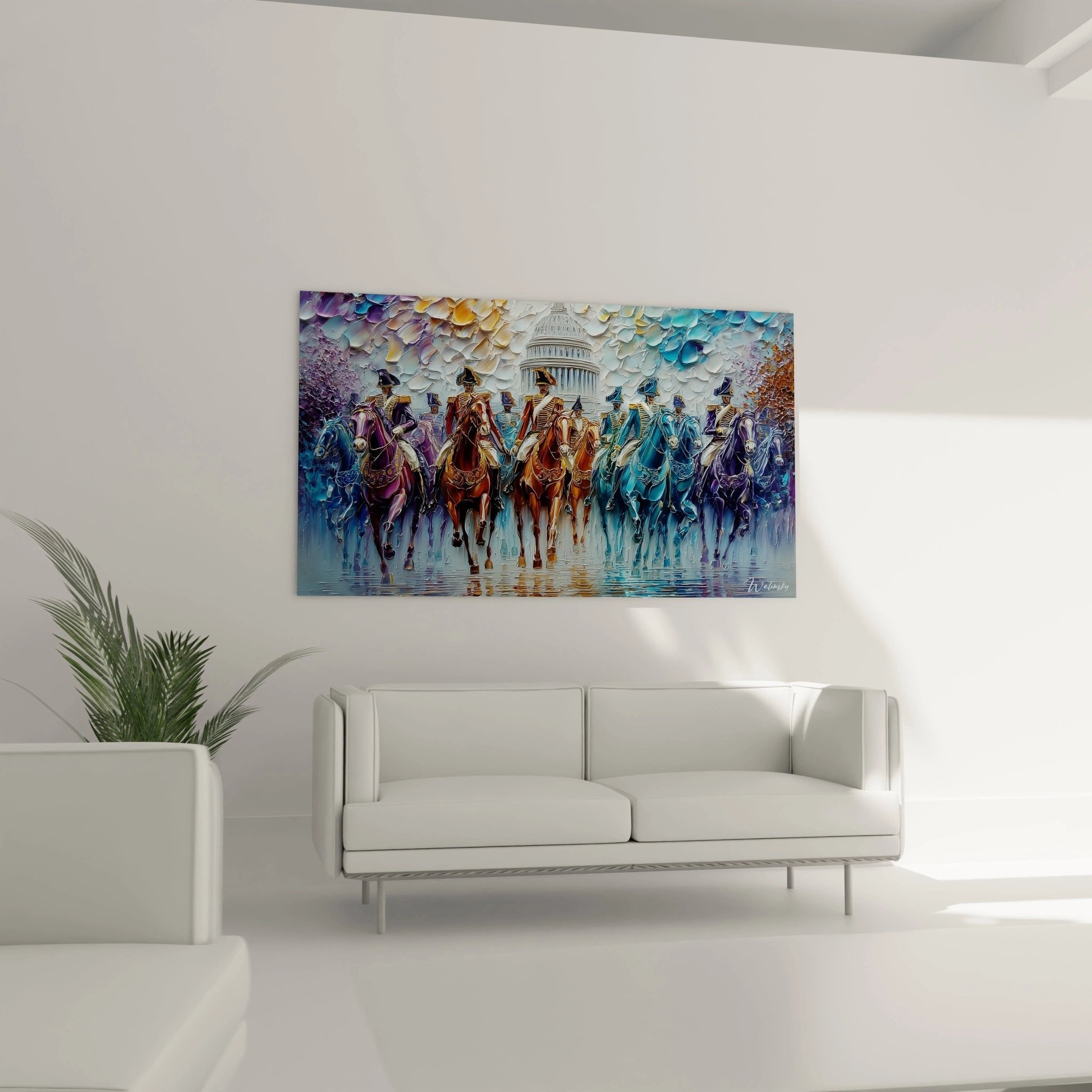 Detailansicht der napoleonischen Offiziere zu Pferd, prächtige Uniformen und Helme in leuchtenden Farben