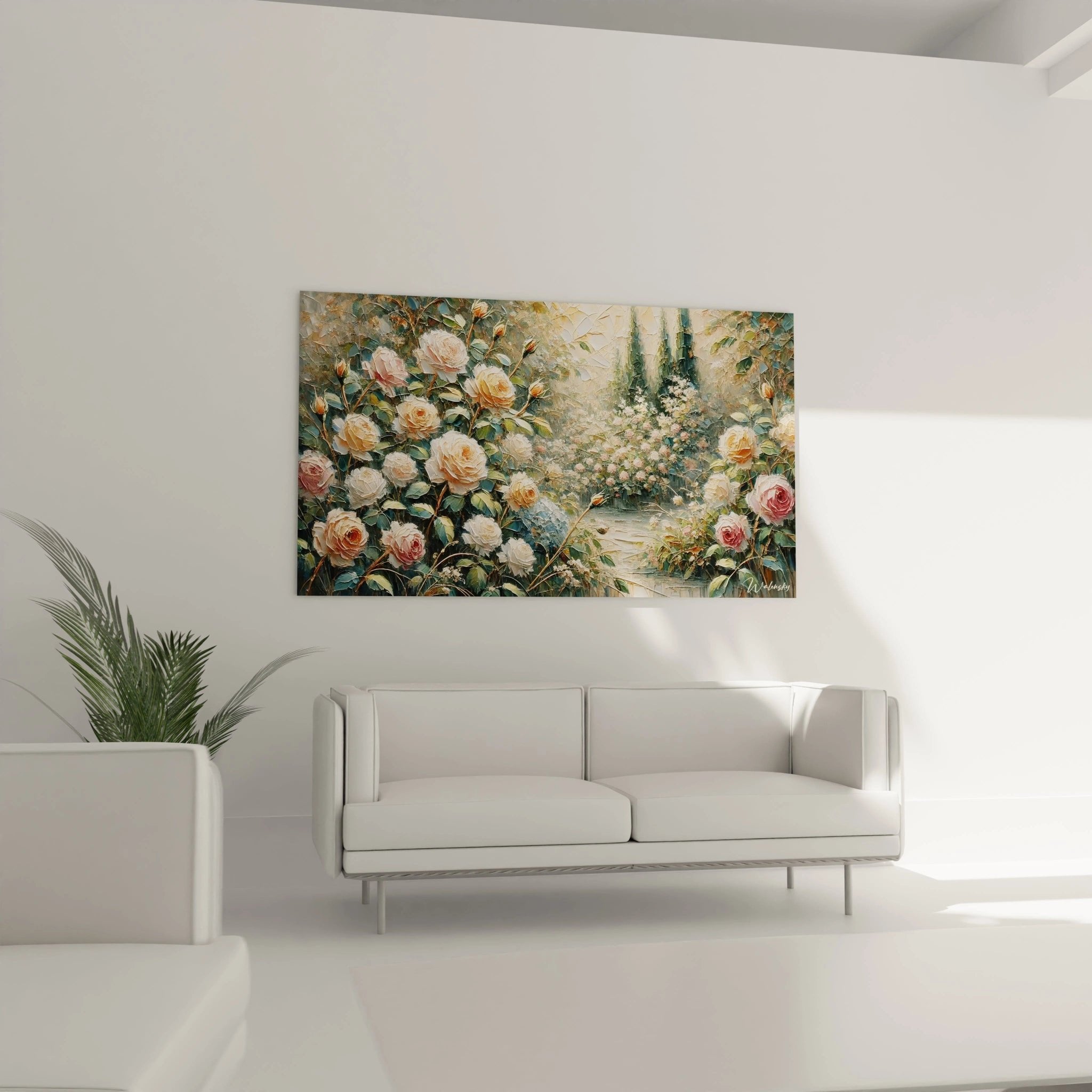 Detailansicht Wandbild Rosengarten - realistische Darstellung von Rosenblüten und grünem Laub