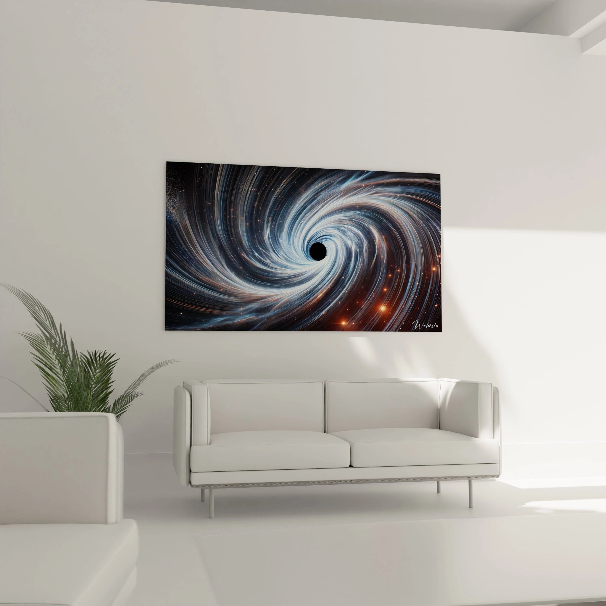 Detailaufnahme der spiralförmigen Lichtstrukturen und leuchtenden Partikel um das schwarze Loch